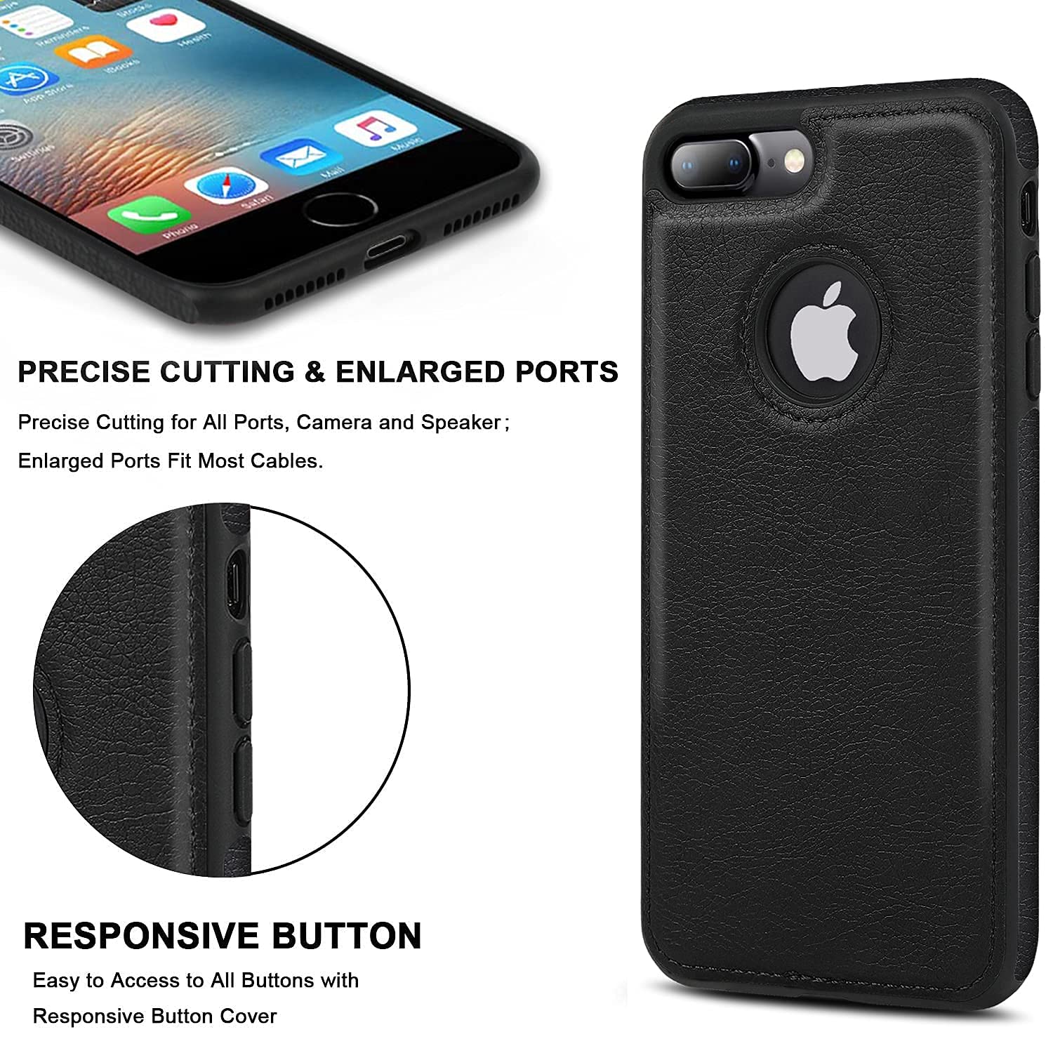 Premium Vegan Leather Phone Case for iPhone 7 Plus & iPhone 8 Plus - Slim Luxury Vintage Cover (5.5 Inch, Black) | Perfect for Business, Travel & Everyday Protection