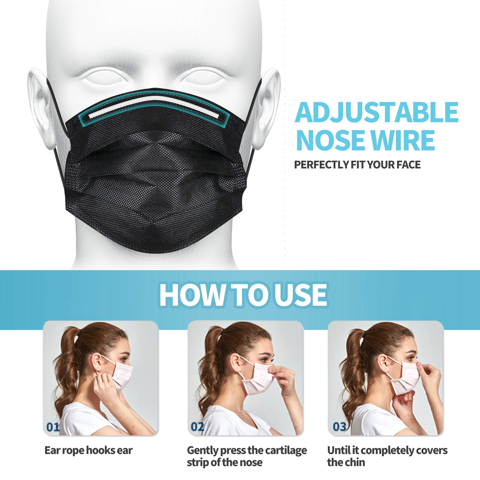 Black Disposable Face Masks 4-Layer Protection 50Pcs - Breathable Dust Masks for Adults | Daily Use & Travel