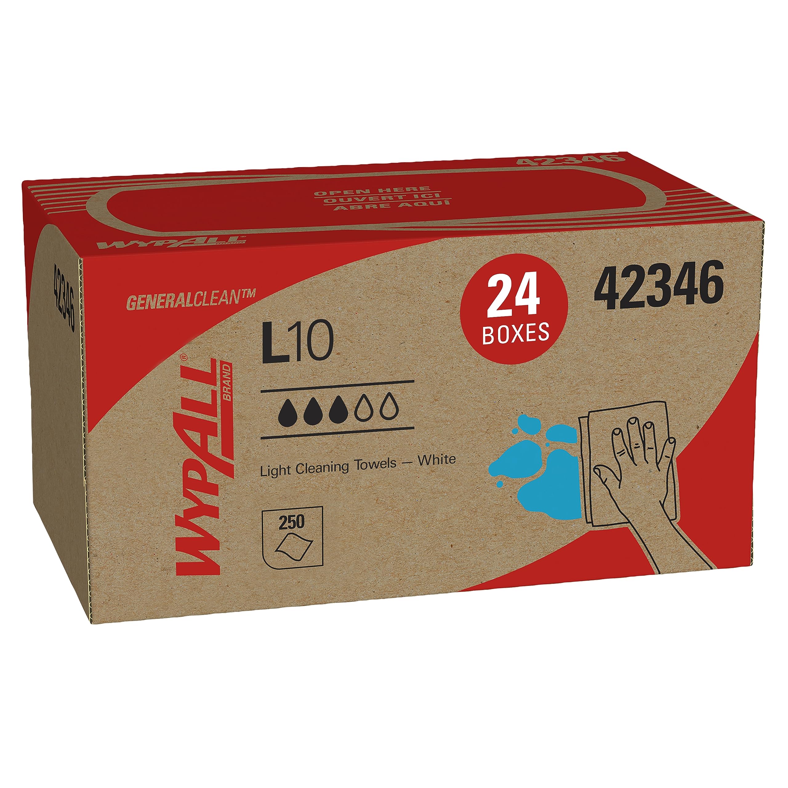 WypAll GeneralClean L10 Light Duty Cleaning Wipes - 24 Packs (250 Sheets Each, 6000 Total) | Pop-Up Dispenser Box | White Industrial Wipes for Workshop, Garage & Office Cleaning | Multi-Surface Disposable Cloths