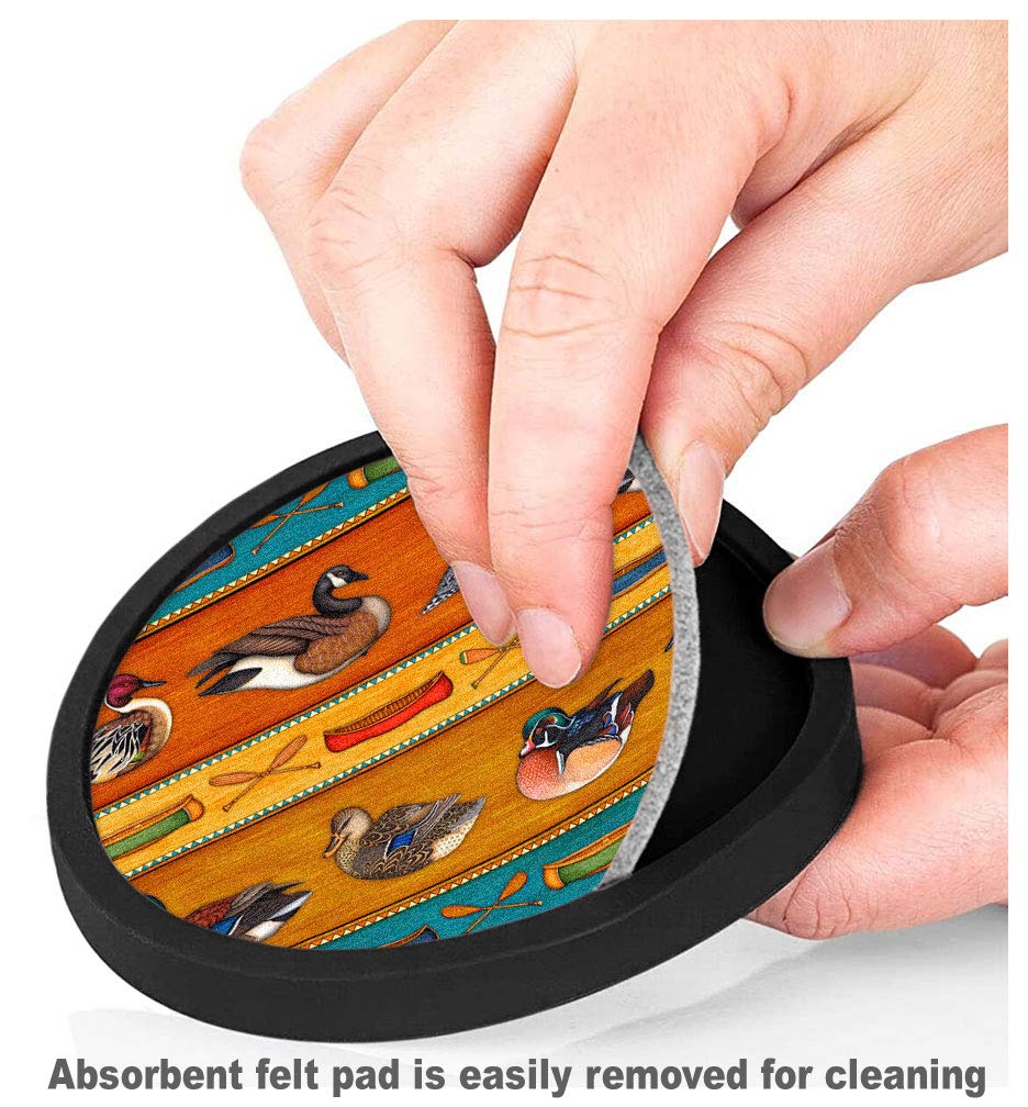 Non-Slip Silicone Drink Coasters Set of 4 with Removable Absorbent Felt Pads - Ducks & Canoe's Design by Dan Morris - Perfect for Home, Office, and Outdoor Use to Protect Tables from Water Rings