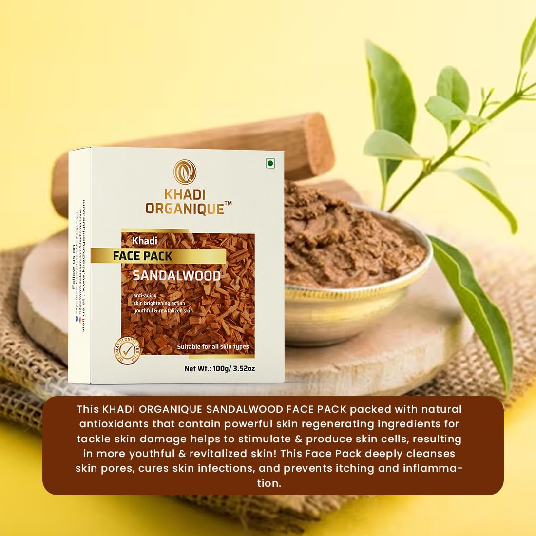 Khadi Organique Sandalwood Face Pack for Instant Glow & Radiance (Pack of 2) | Natural Ayurvedic Skincare for Brightening & Revitalizing Skin | Perfect for Daily Use & Spa Treatments