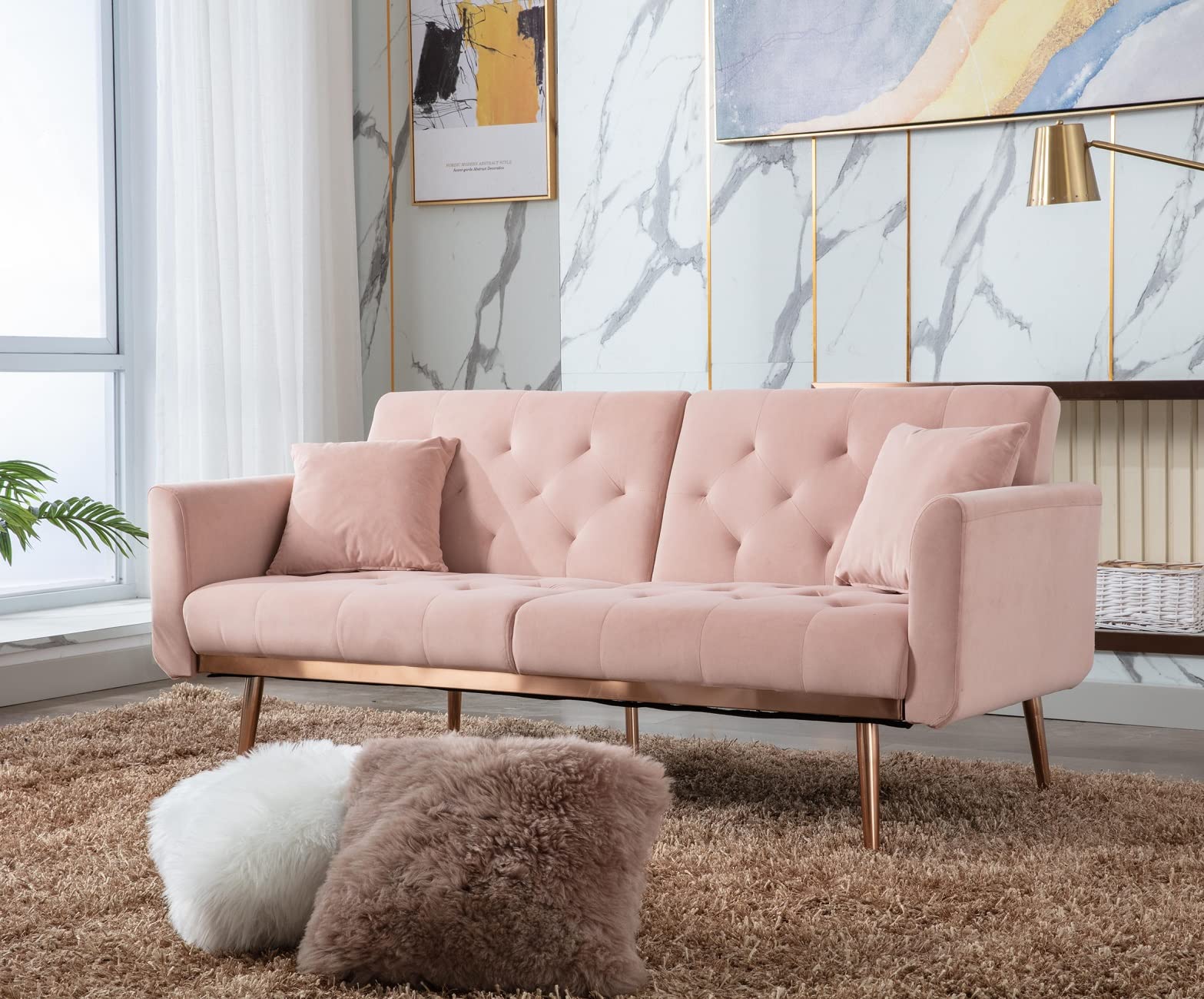 Velvet Accent Loveseat Sofa with Rose Gold Metal Legs - Convertible Sleeper Sofa Bed for Small Spaces, Pink Futon Couch with Split Back Design & 2 Pillows (63.8
