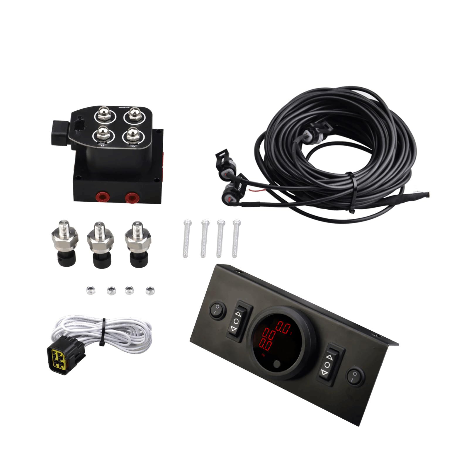 12V 4-Way Solenoid Air Ride Suspension Manifold Valve Kit with Control Panel & Pressure Gauge - Perfect for Truck, SUV, and Custom Car Air Suspension Systems