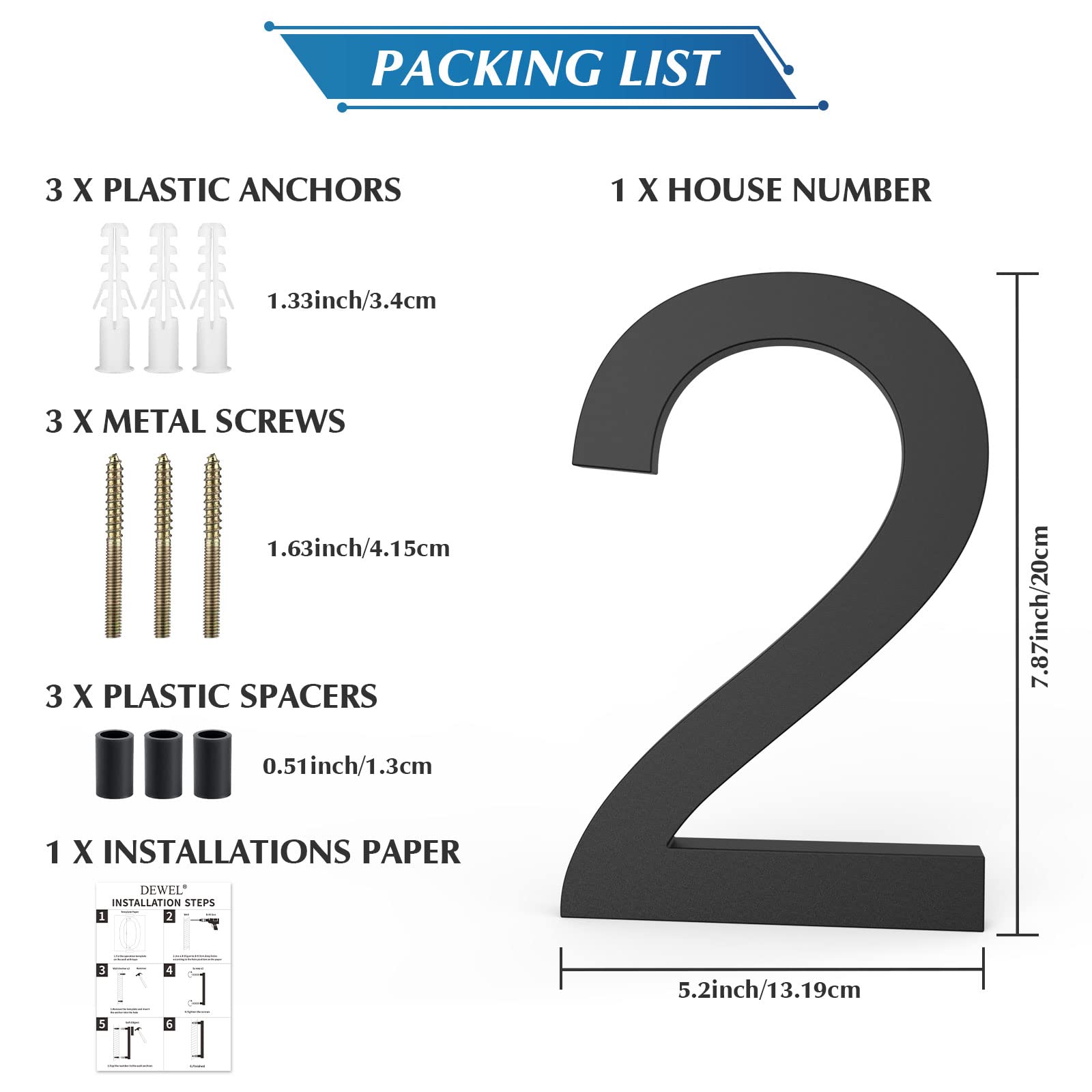 DEWEL 8 Inch Modern Floating House Numbers - Black Large Outdoor Address Sign for Enhanced 911 Visibility - Includes Nail Kit (Number 2) - Perfect for Mailbox, Front Door, and Driveway Visibility