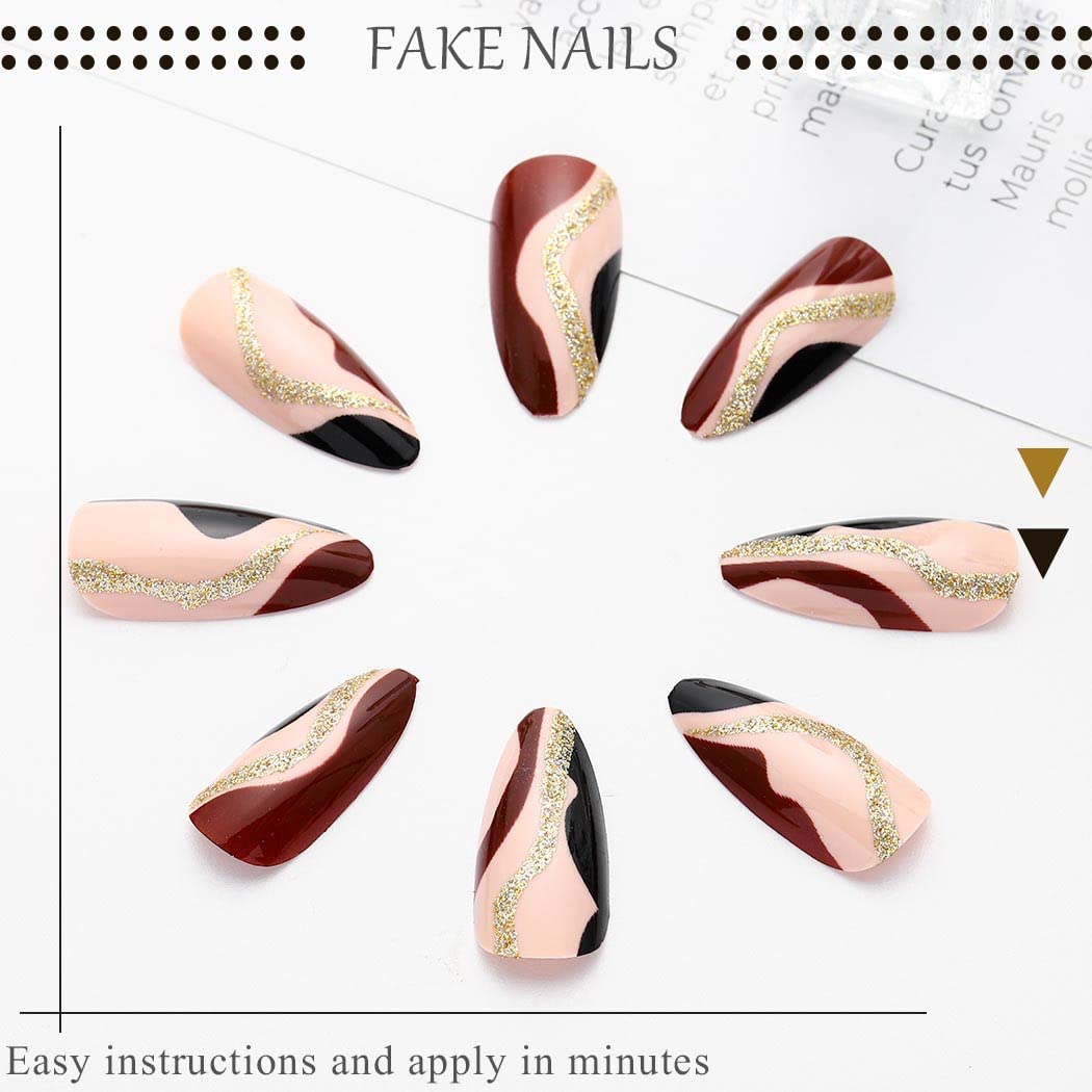 Almond Shape Press on False Nails - Brown Glossy Medium Length Fake Nails with Abstract Stripes Design - 24PCS Acrylic Nail Art Kit for Manicure & Decoration | Perfect for Parties, Weddings & Everyday Wear
