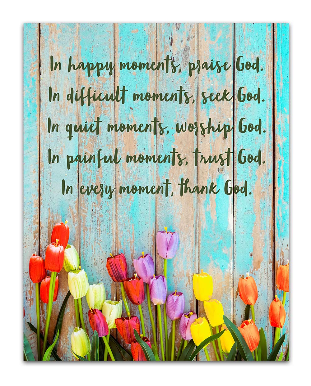 Inspiring Bible Quotes Wall Art - Happy Moments Praise God Boho Aqua Tulips Christian Print - Religious Gifts for Women - Scripture Verse Home & Office Decor - Perfect for Prayer Rooms, Church Gifts & Spiritual Encouragement