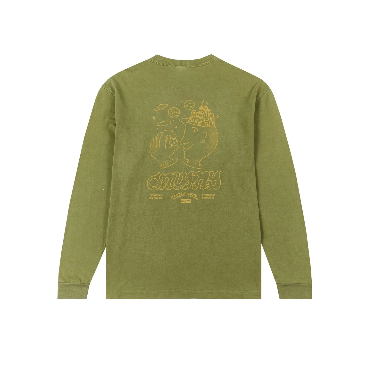 Only NY Astral Trip Long Sleeve T-Shirt for Men - Soft Cotton Crewneck Tee in Moss Green | Casual Streetwear & Travel Essential