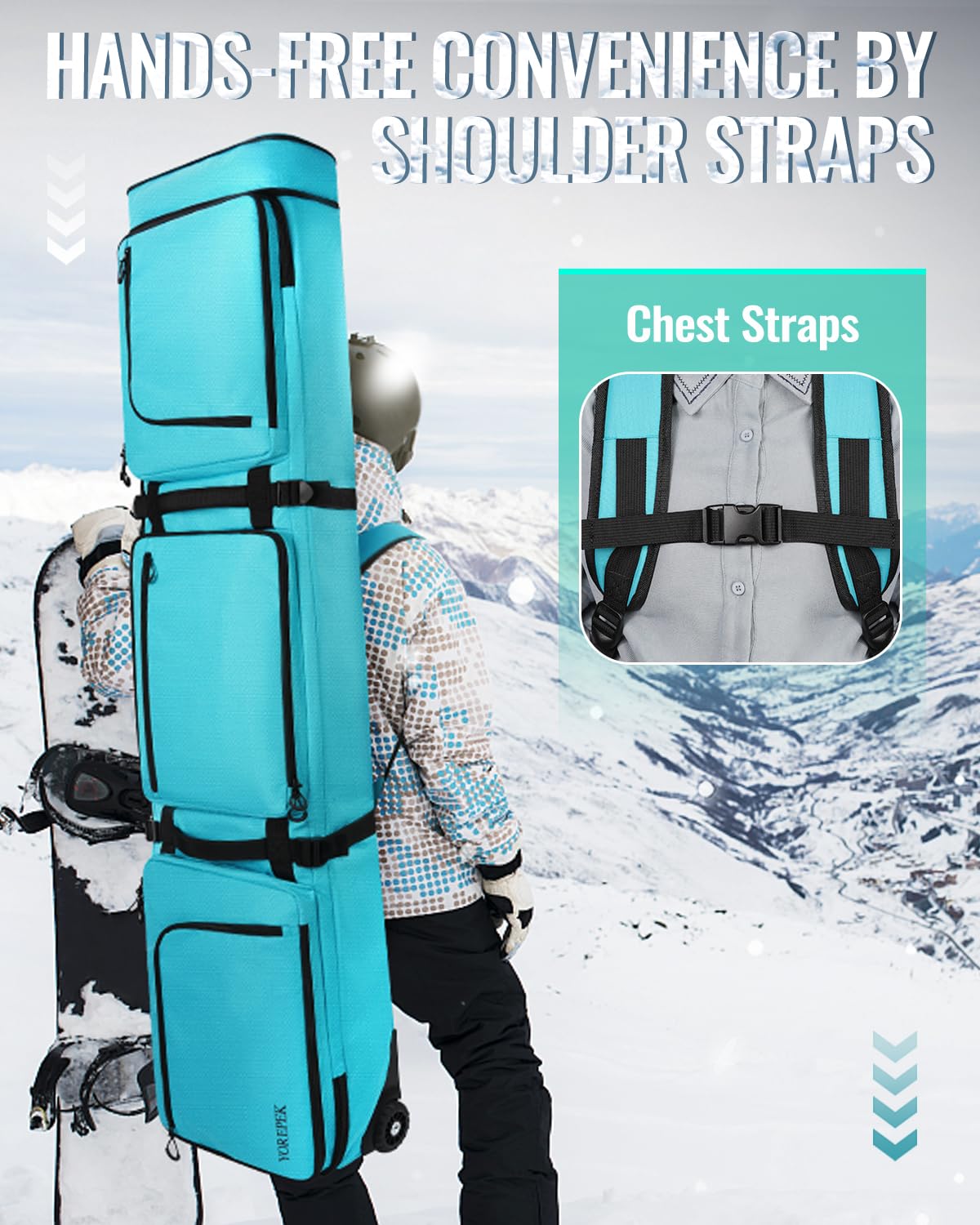 YOREPEK Padded Snowboard Bag with Wheels - Extendable Ski Travel Bag for Airplanes (Up to 175cm) - Waterproof Snowboard Backpack with 6 Pockets for Ski Boots (Fits US Size 13), Helmet & Ski Gear - Perfect for Winter Sports Travel & Airplane Transport