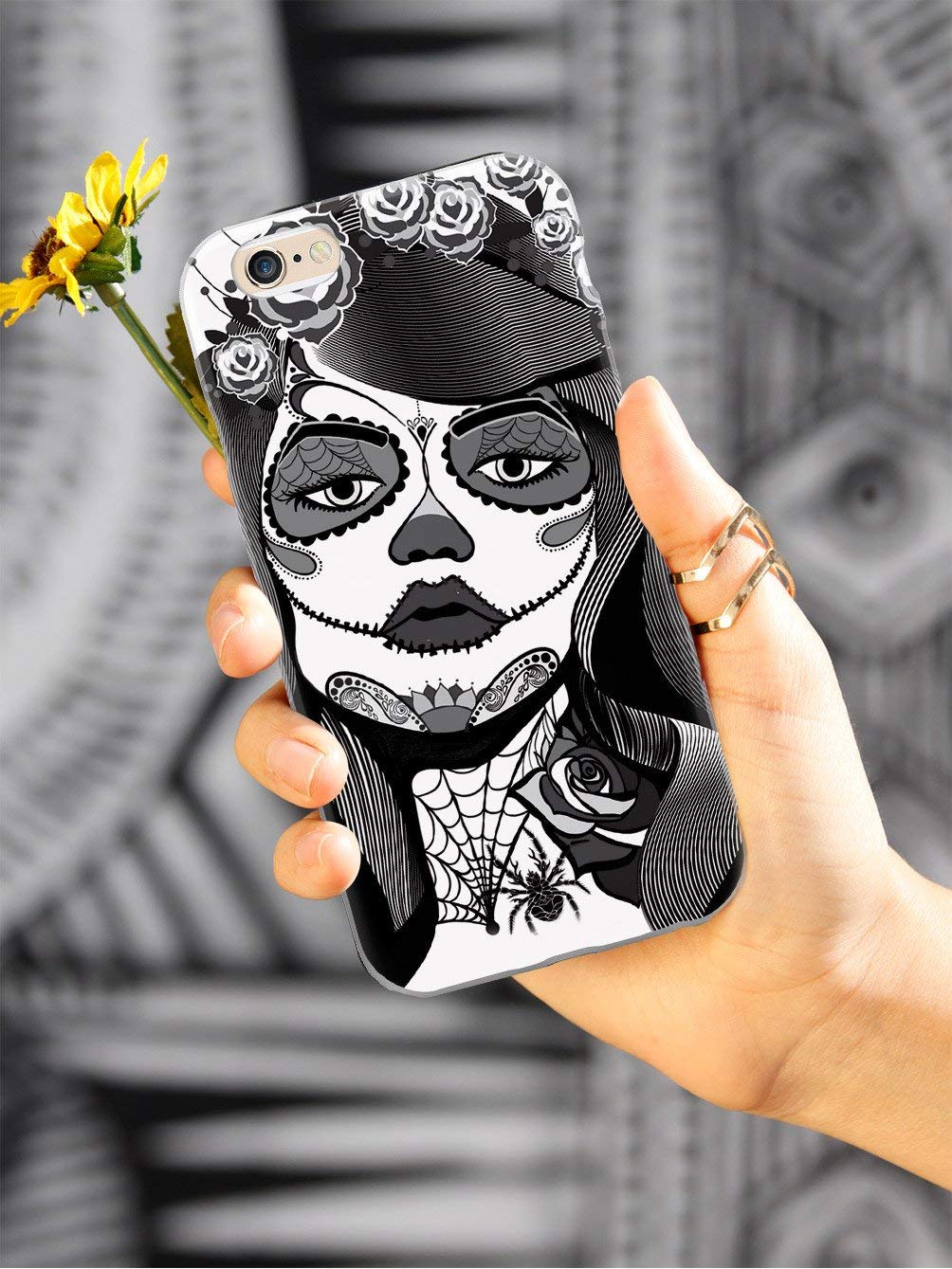 **Inspired Cases - Premium 3D Textured Protective Phone Case for iPhone 12 Pro Max - Sugar Skull Pin Up Girl Design - Shockproof & Anti-Scratch - Black & White - Perfect for Daily Use, Travel & Gifts**