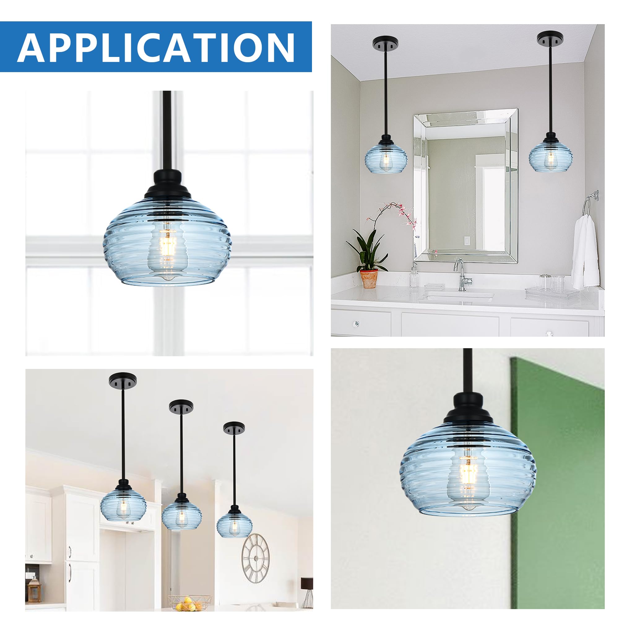 MELUCEE Black Mini Pendant Light with Blue Water Ripple Glass Shade - Modern Ceiling Hanging Light for Kitchen Island, Dining Room, Over Sink | Coastal Contemporary Lighting for Home Decor
