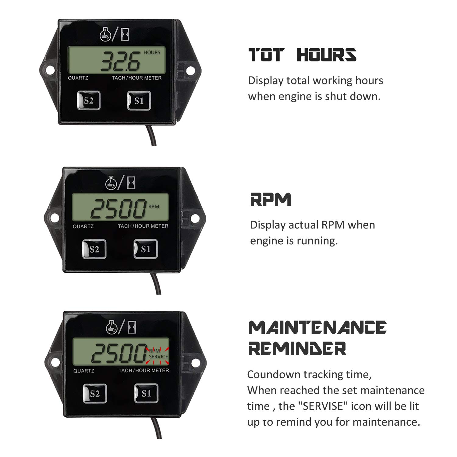 Digital Tachometer RPM Gauge & Hour Meter for Small Engines - Compatible with ZTR Lawn Mowers, Tractors, Generators, Marine Outboards, ATVs, Snowmobiles & Gas Equipment | Engine Performance Monitoring & Maintenance Tool