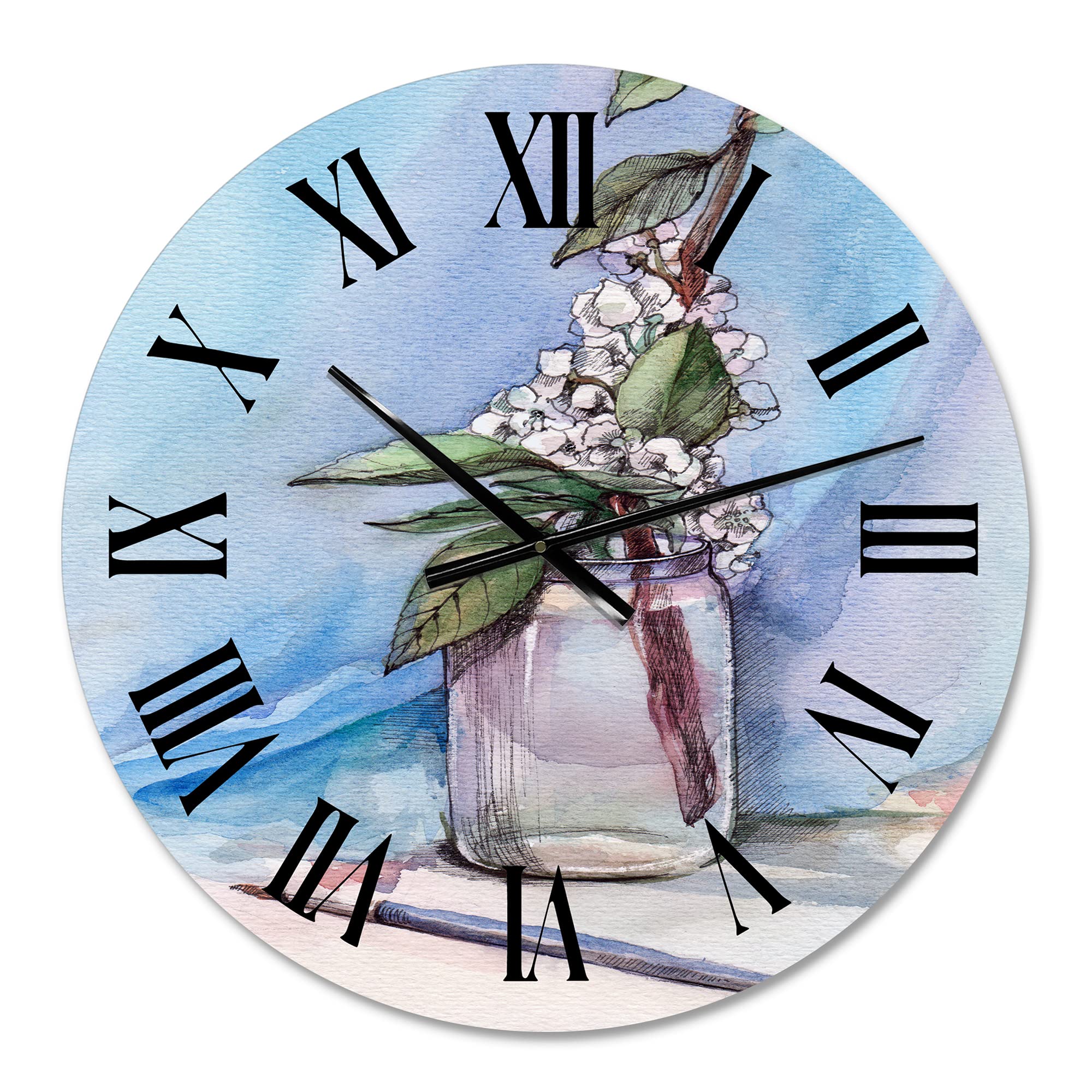 Farmhouse Wall Clock with Cherry Blossom in Glass Jar - Large Floral Botanical Wall Clock for Home Office Decor | Perfect for Living Room, Bedroom & Kitchen Wall Decor
