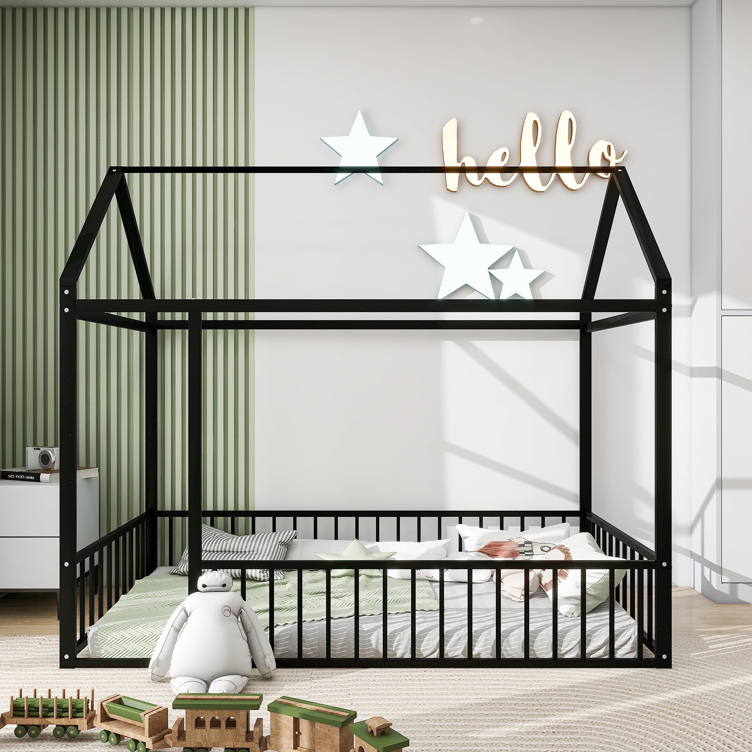 Bellemave Twin Size Montessori Floor Bed for Kids - Sturdy Metal House Frame with Safety Fence - Black Playhouse Bed for Toddlers & Children | Perfect for Montessori Rooms, Play Areas & Safe Toddler Sleep Spaces