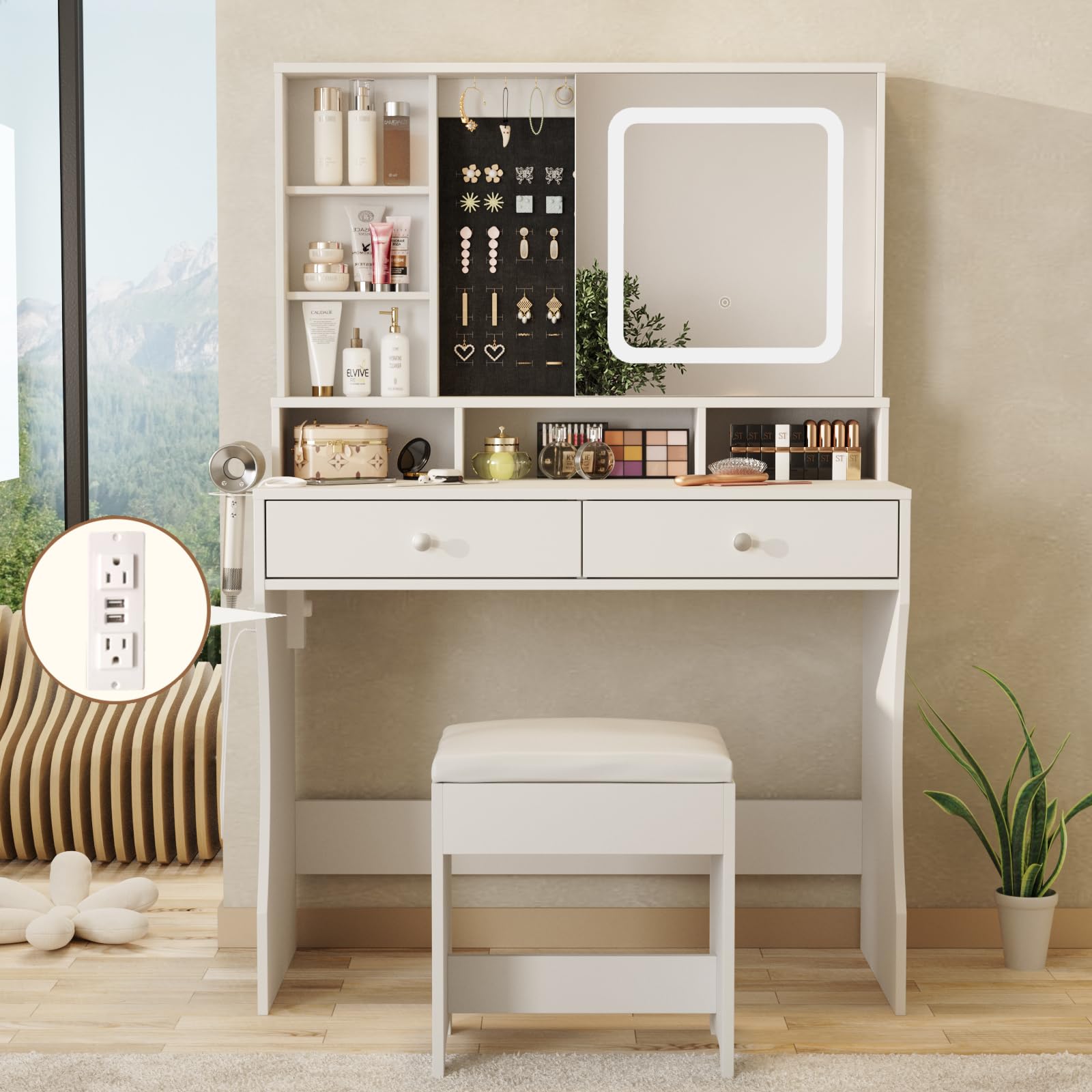 Vabches White Vanity Desk with LED Lights & Mirror - Makeup Dressing Table with Sliding Mirror, Jewelry Storage & 2 Drawers - Perfect for Bedroom, Dressing Room & Home Beauty Station
