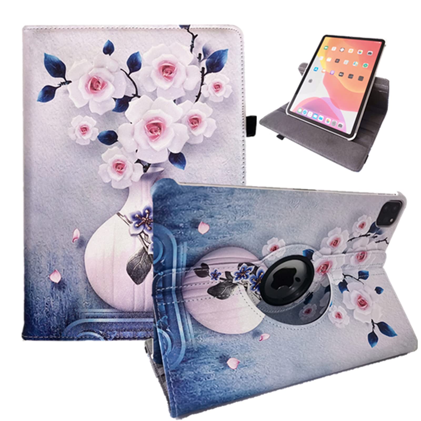 360° Rotating Protective Case for iPad Pro 11 Inch (2020/2018) & iPad Air 4 10.9 Inch (2020) - Smart Auto Sleep/Wake Cover with Apple Pencil Holder | Perfect for Work, Study & Travel (White Vase Design)