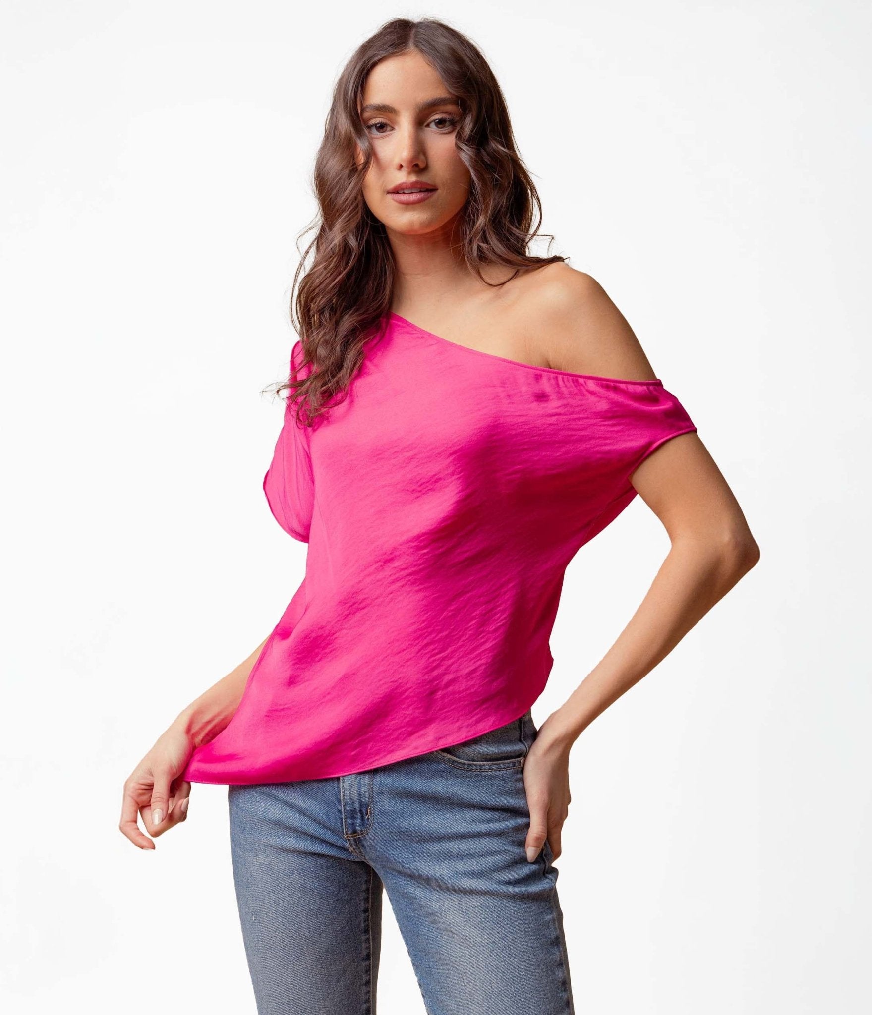 Hot Pink Off The Shoulder Satin Blouse for Women - Elegant Party & Evening Wear - Sexy Date Night & Cocktail Attire