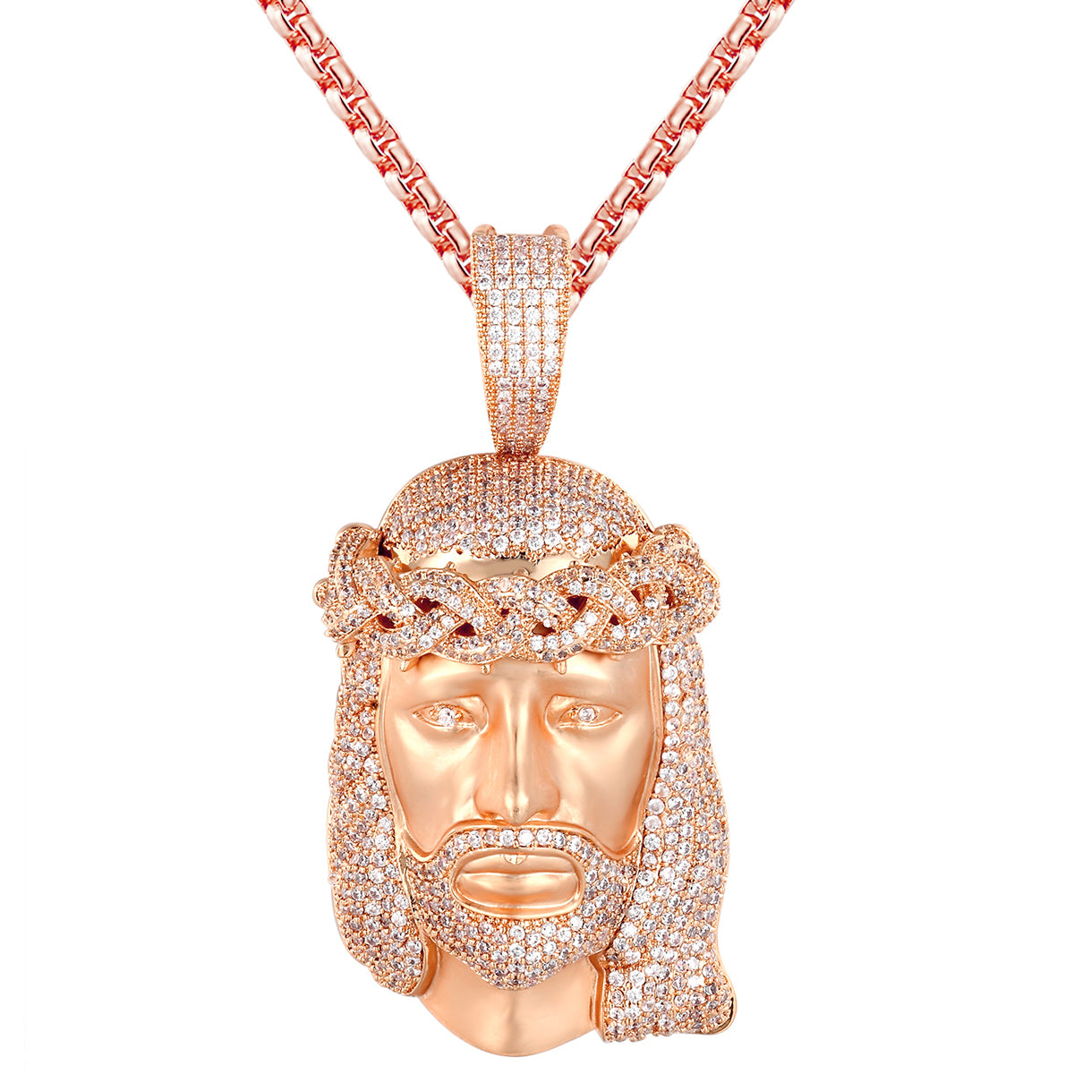 Rose Gold Matte Jesus Head Bling Crown Pendant - Holy God Religious Jewelry for Men & Women - Perfect for Church, Baptism, Gifts & Faith-Based Fashion