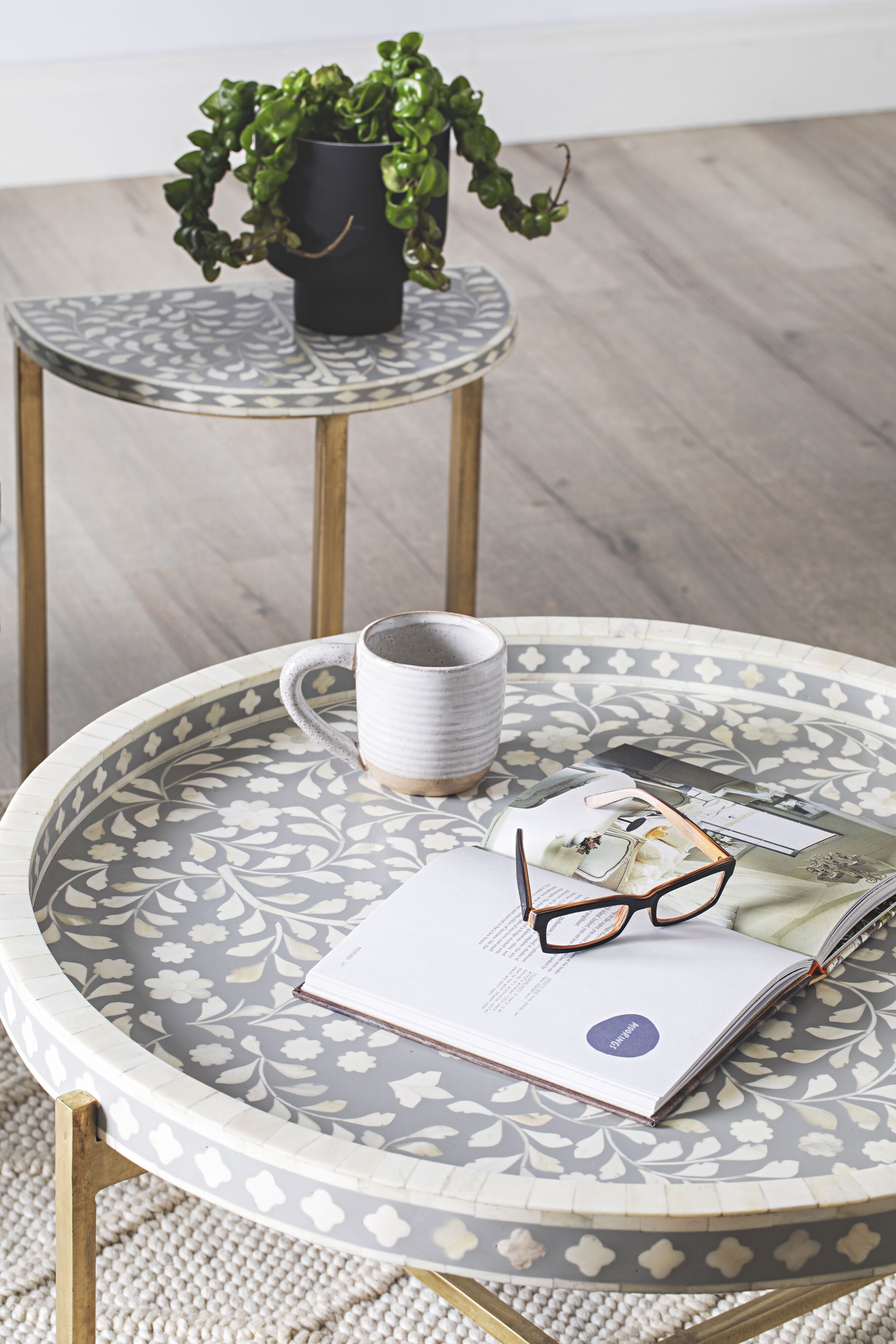 Bone Inlay Half Moon Side Table with Gold Frame - 44cm Grey Accent Table for Living Room, Bedroom & Entryway Decor