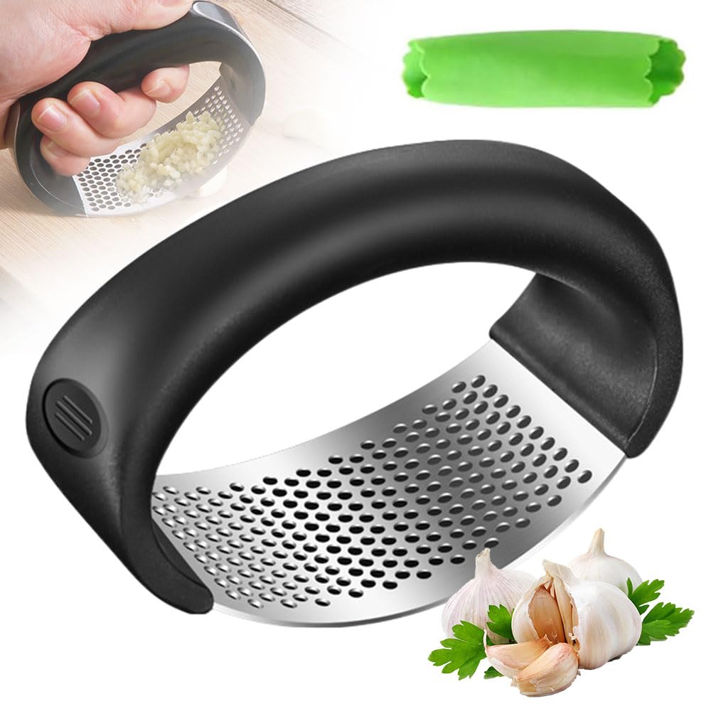 Premium Stainless Steel Garlic Press - 2024 Upgraded Garlic Crusher & Masher - Multi-Functional Kitchen Tool for Chopping, Mincing & Pureeing - Ergonomic Design for Easy Garlic Pressing - Perfect for Home Cooking, Restaurants & Meal Prep (Black)