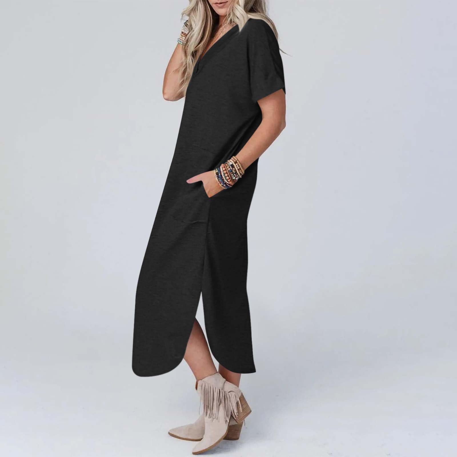Women's Short Sleeve Maxi Dress with Pockets - 2025 Summer Casual Loose Long Split Beach Dress | Perfect for Vacation, Travel & Outdoor Activities