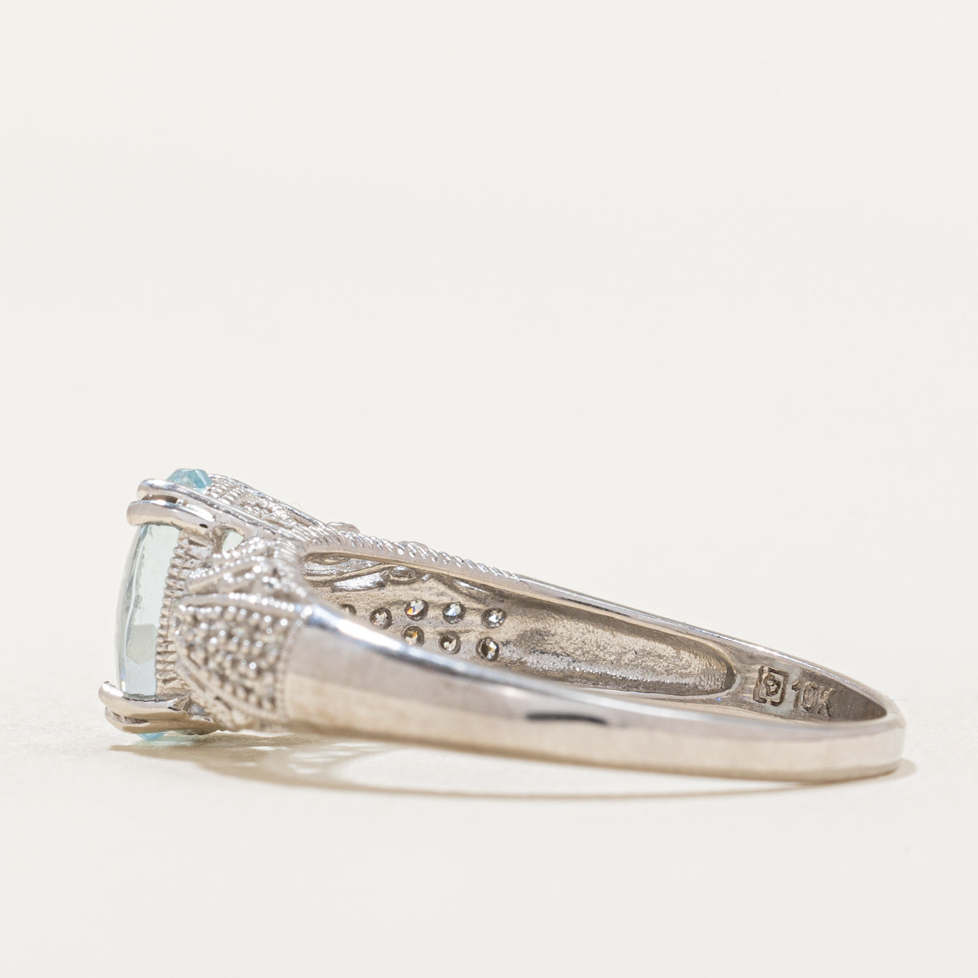 Exquisite 1.40ct Aquamarine & 0.02ct Diamond Filigree Tapered Ring - Size 9.75 | Elegant Wedding, Anniversary & Special Occasion Jewelry Gift for Women