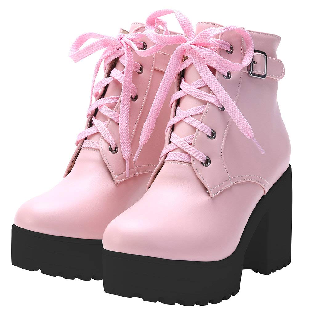 Parisuit Women's Chunky Lace Up Booties - Platform High Heel Ankle Boots for Autumn & Winter | Fashion Shoes for Women | Perfect for Office, Party & Night Out