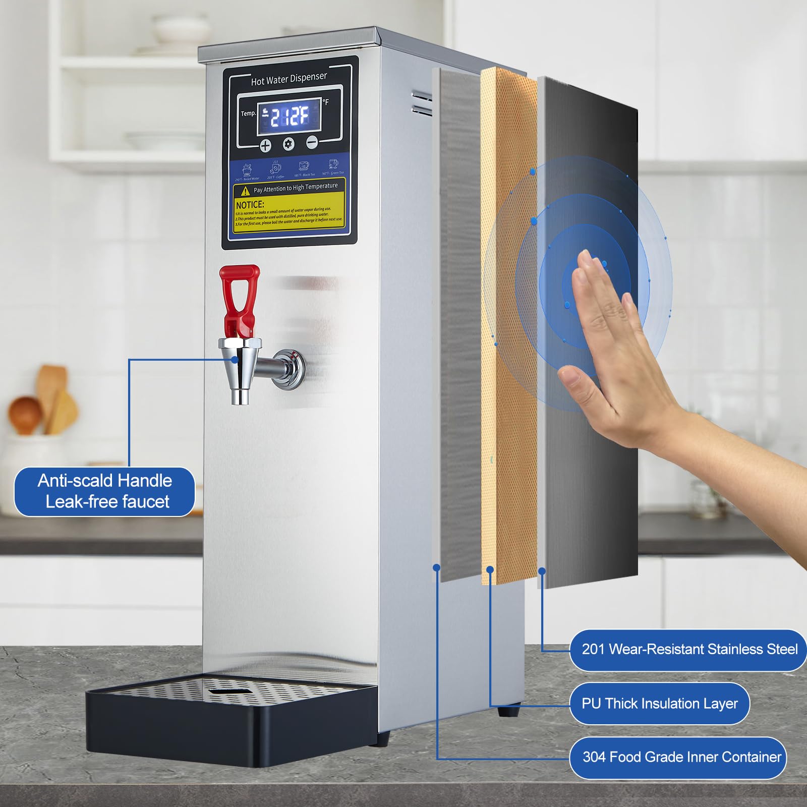 Commercial Electric Hot Water Boiler Dispenser 30L (8GAL) 1600W Stainless Steel with Step Heating & Temperature Control (86-212°F) - Perfect for Boba Tea, Coffee, Office, Restaurant, and Commercial Kitchen Use