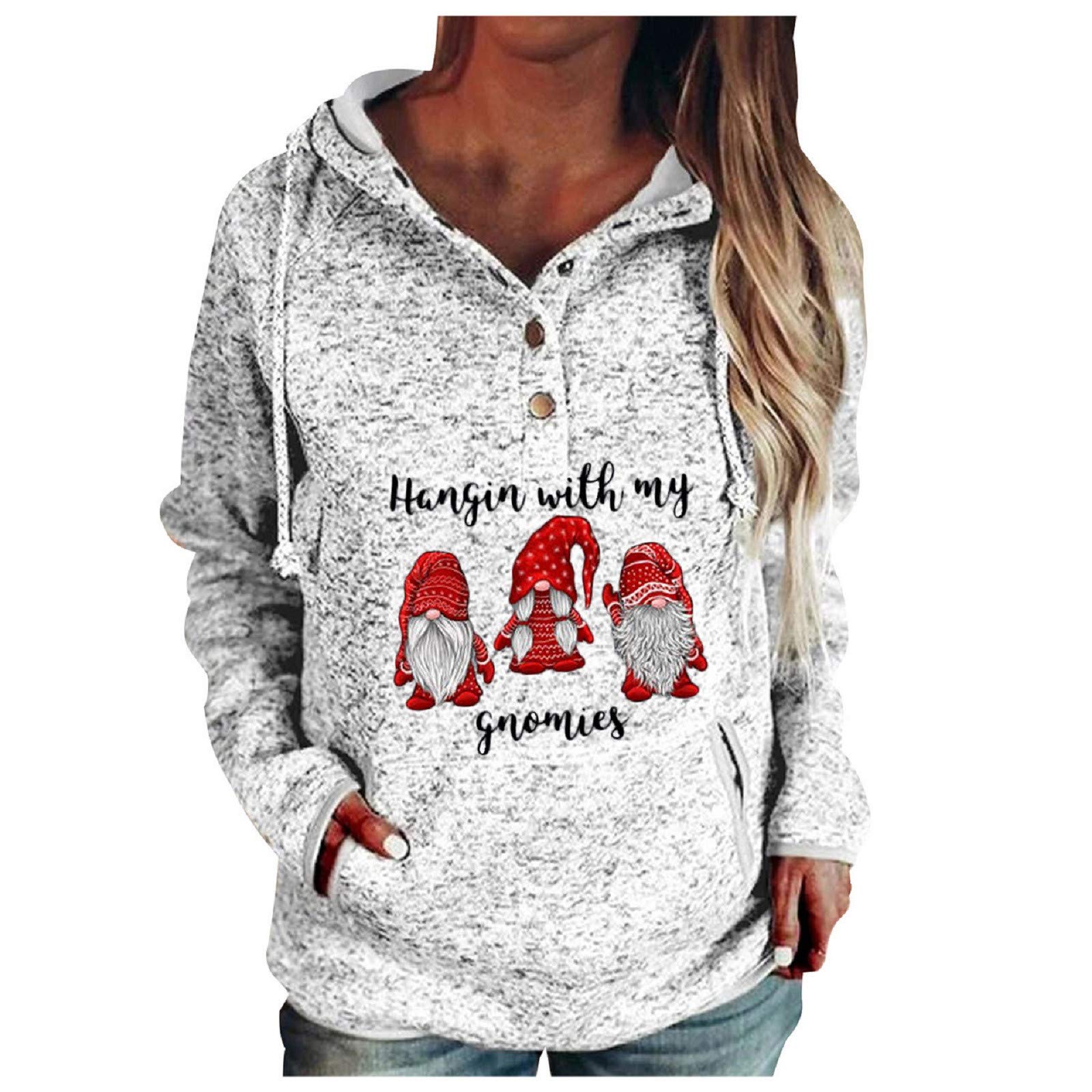 WOCACHI Women's Christmas Hoodies - Solid Color Elk Print Button Hooded Sweatshirt, Stylish Xmas Sweater, Cozy Winter Tops Under $30, Baggy Lightweight Pullover for Holiday Parties & Family Gatherings