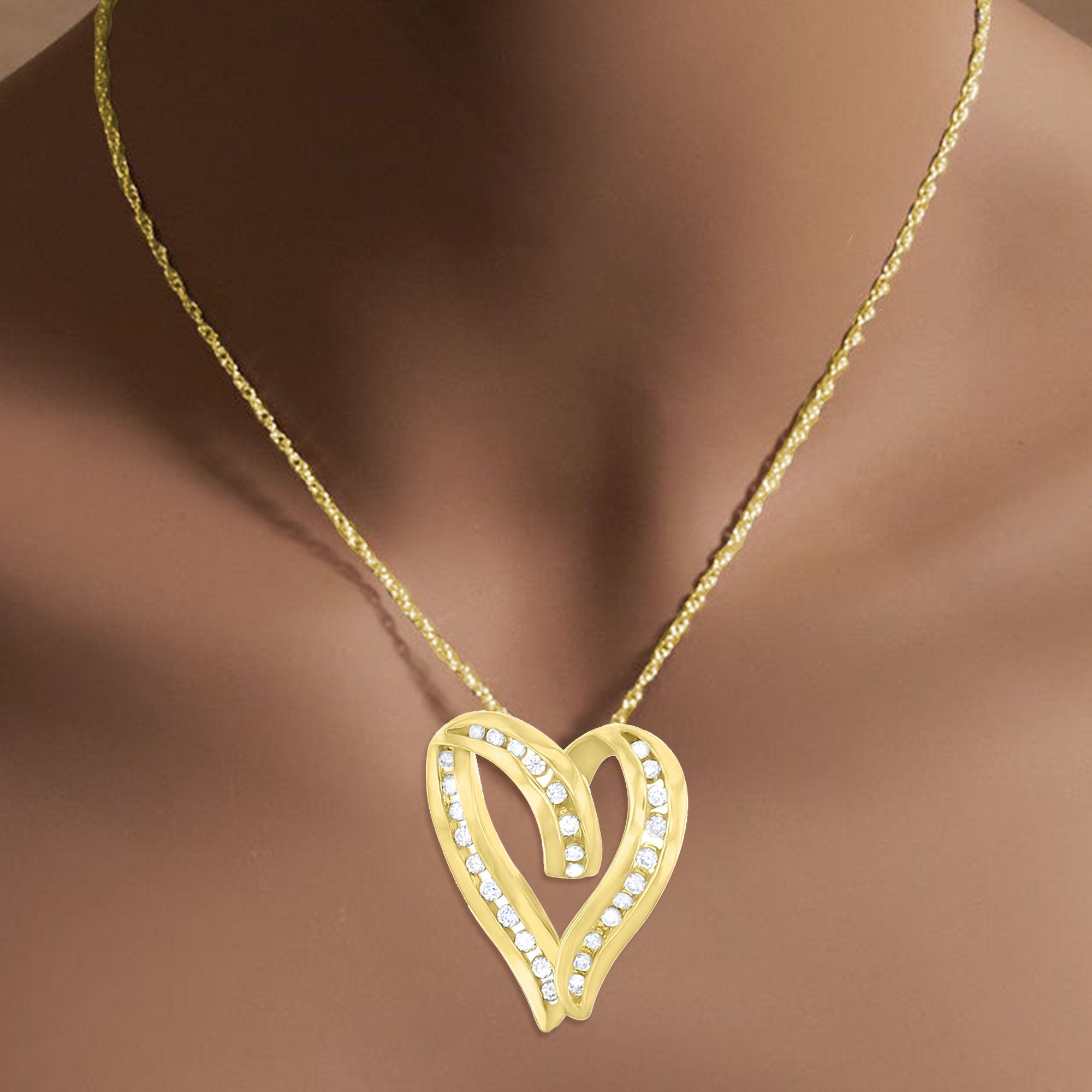 14K Yellow Gold Diamond Floating Heart Pendant Necklace .68cttw - Elegant Jewelry Gift for Women, Perfect for Anniversary, Valentine's Day & Special Occasions