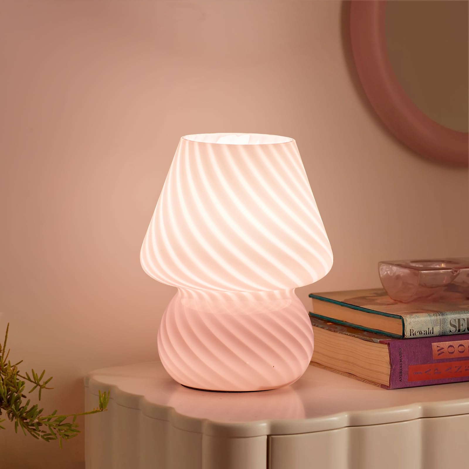 ONEWISH Mushroom Lamp - Small Striped Glass Bedside Table Lamp for Bedroom, Living Room, Cafe, Home Decor for Girls & Women, Pink - Perfect for Nightstands, Dorm Rooms, and Cozy Corners