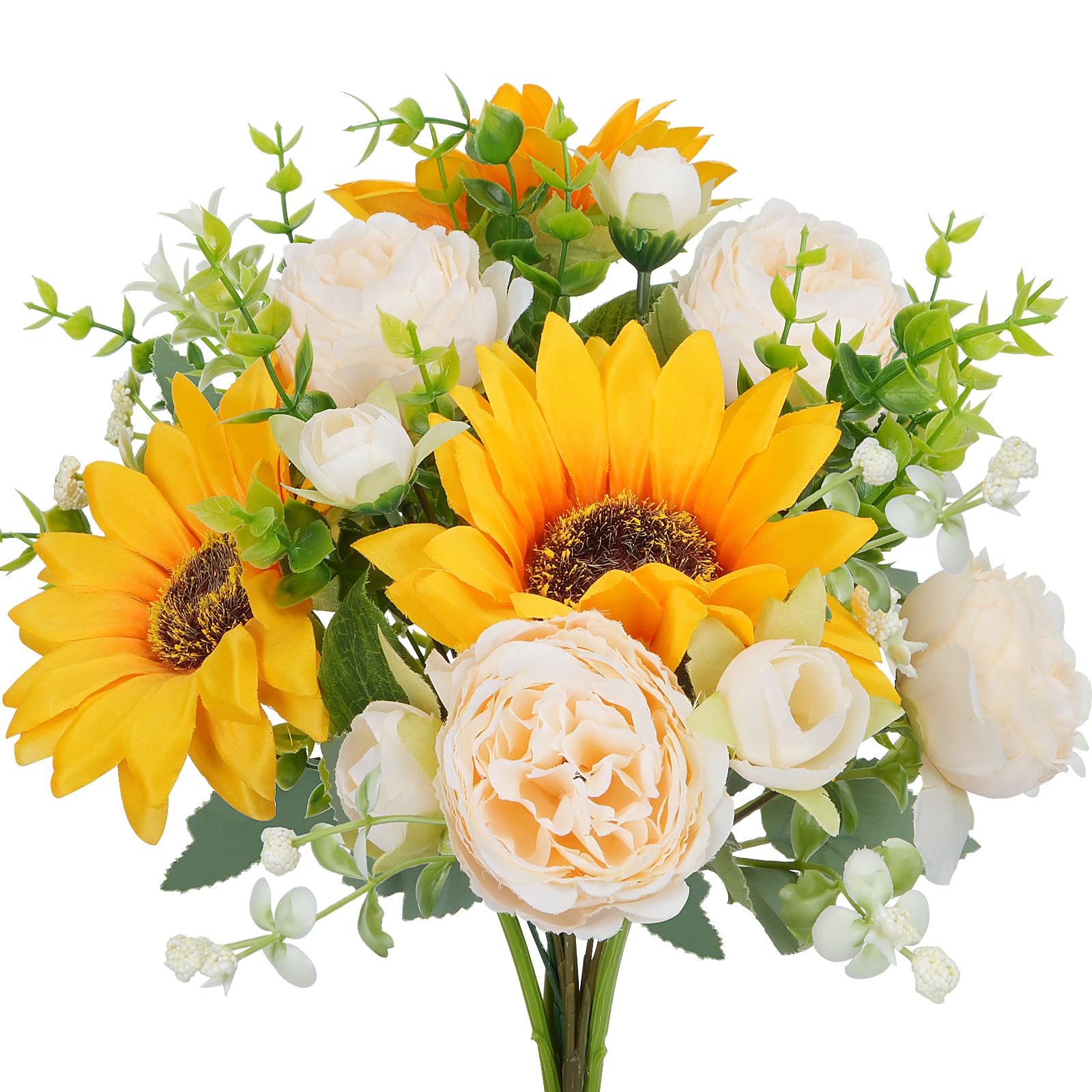 5 Pcs Artificial Peonies & Sunflowers Silk Flowers - 14 Inch Fake Floral Bouquet for Home Decor, Wedding Centerpieces, Bridal Arrangements, Indoor Table Decor (Perfect for Living Room, Dining Table, Office Desk)