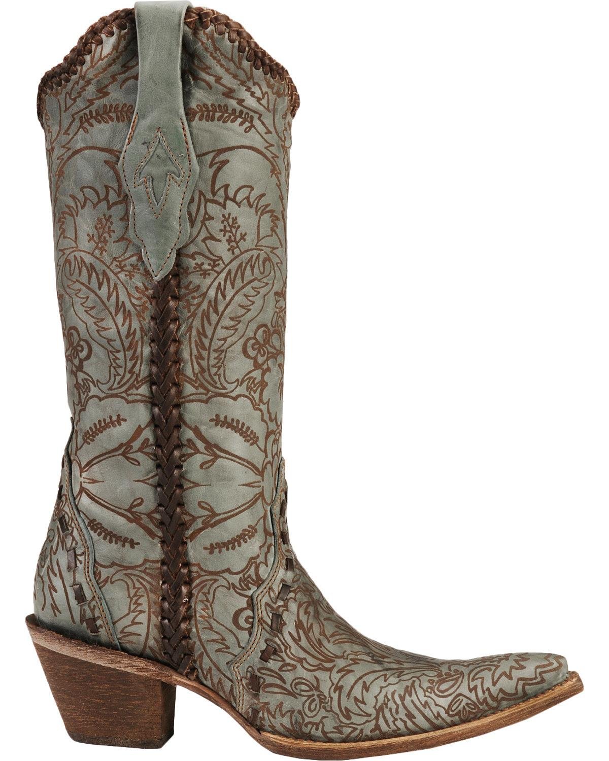 Women's Turquoise Engraved Lace Green Leather Cowgirl Boots - Size 8.5 M - Western Style Corral Boots for Country Dancing, Rodeo & Fashion Outfits