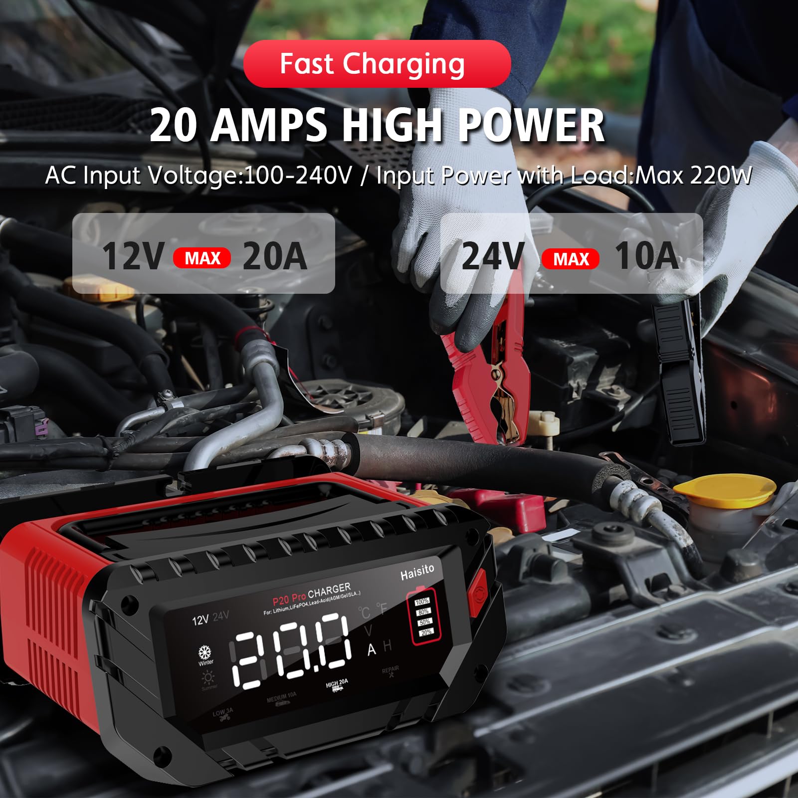Haisito 20A Smart Lithium Battery Charger - 12V/24V LiFePO4, Lead-Acid (AGM/Gel/SLA) Car Battery Charger & Maintainer with Trickle Charge & Desulfation - Perfect for Cars, Boats, RVs & Marine Vehicles (Model H-20-PRO)