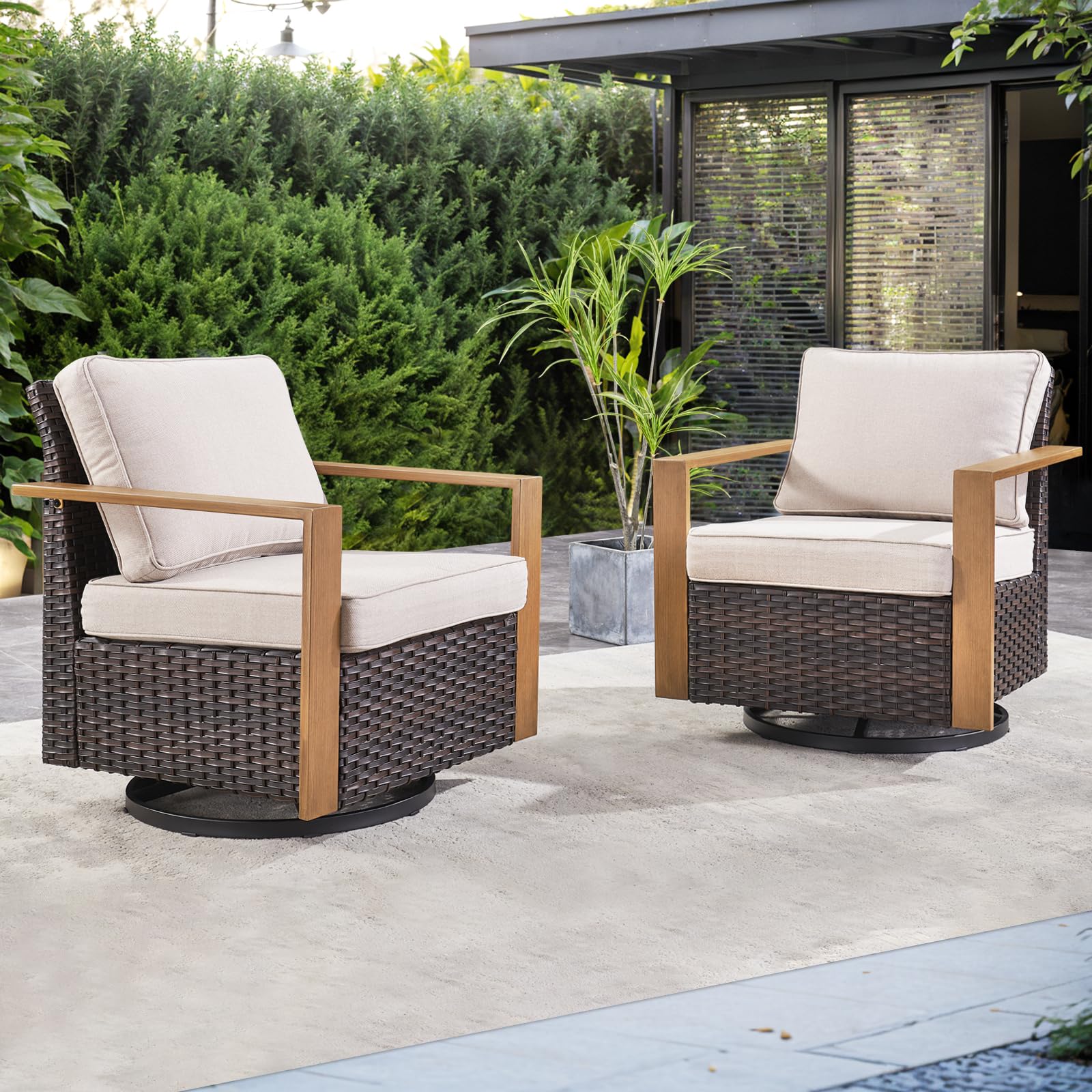 Outdoor Patio Swivel Rocker Chairs Set of 2 - Wicker Rattan Swivel Rocking Chairs with Wide Metal Armrests, Thick Cushions & Deep Seating for Deck, Porch, Sunroom or Garden (Brown/Beige) - Perfect for Relaxing, Lounging & Entertaining Guests