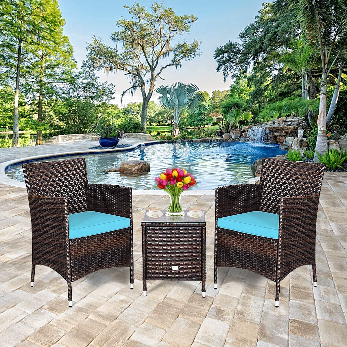 HAPPYGRILL 3-Piece Outdoor Patio Furniture Set - Rattan Wicker Conversation Set with Coffee Table, Chairs & Cushions for Garden, Lawn, Backyard, Poolside | Perfect for Relaxing, Entertaining & Outdoor Dining