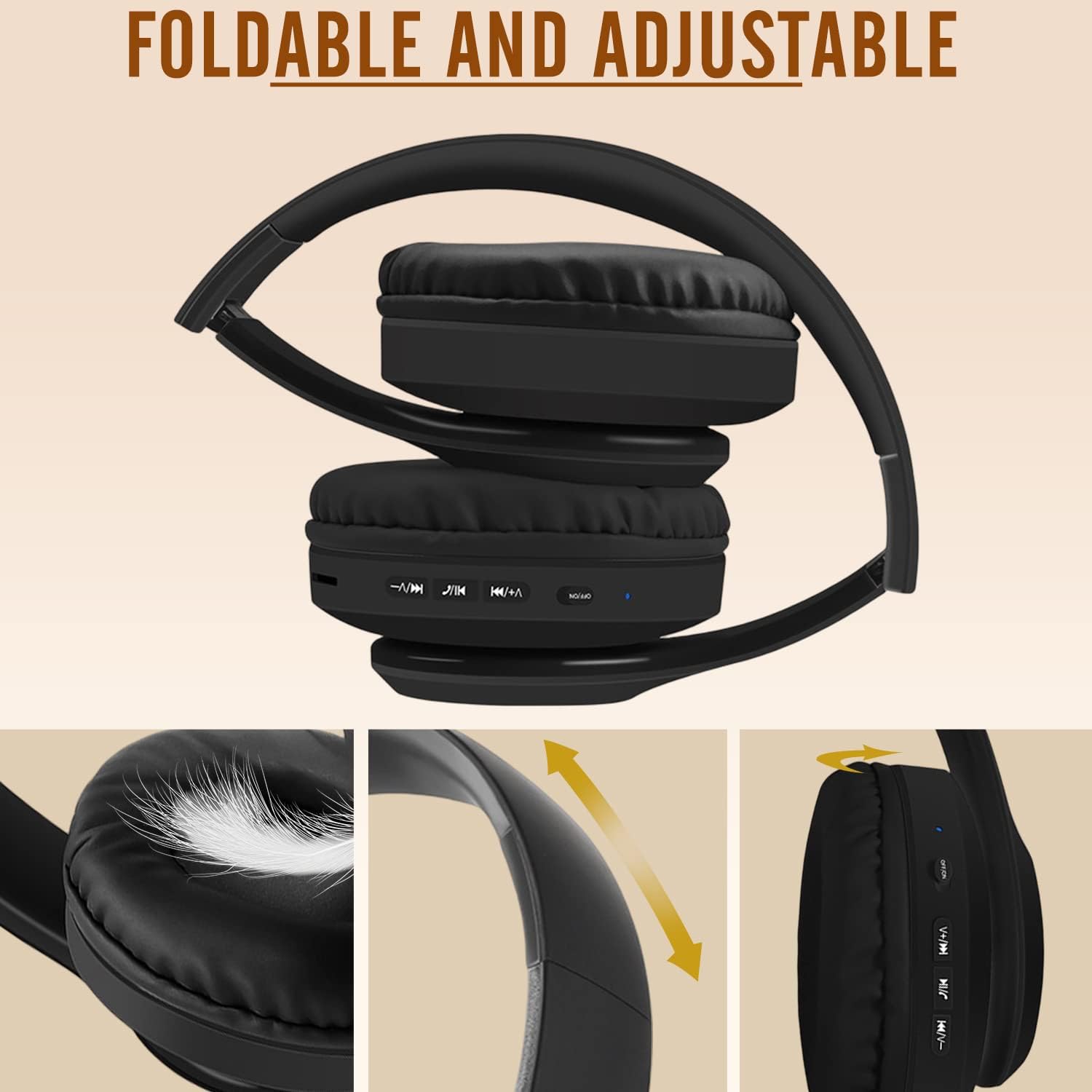 Wireless Bluetooth Over-Ear Headphones with Built-in Mic, Foldable Stereo Headset with Micro SD/TF & FM, Lightweight & Soft Earmuffs for Long Wear - Perfect for Travel, Workouts & Office Use (Black)
