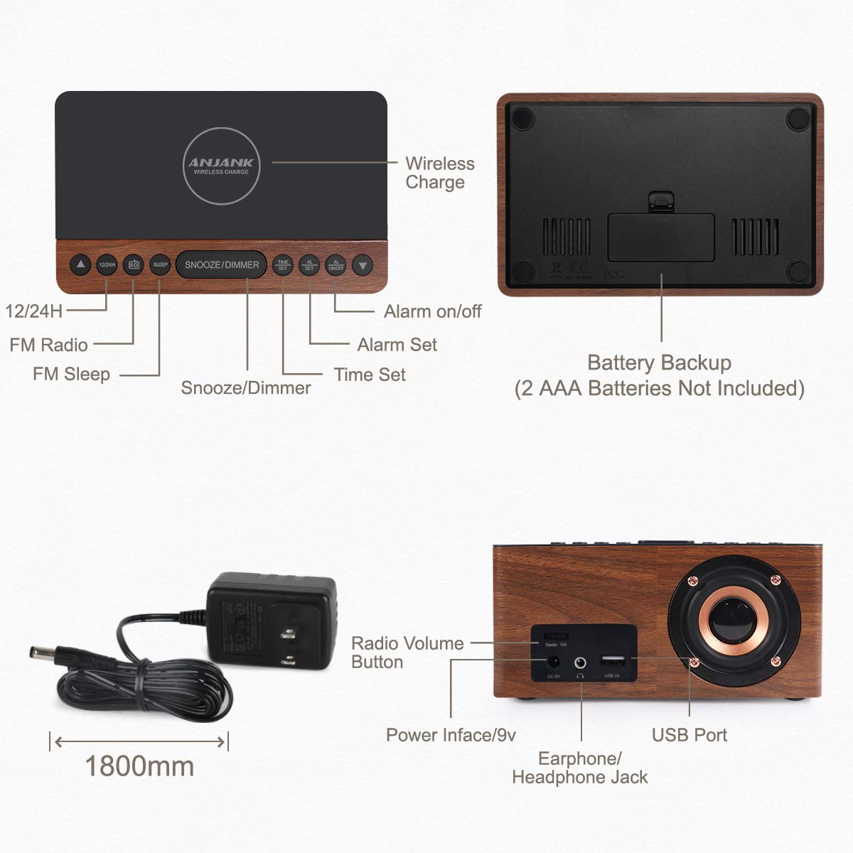 ANJANK Digital LED Alarm Clock with FM Radio & Wireless Charger - 5-Level Dimmer, USB Port, Dual Alarm Sounds, Sleep Timer - Compatible with iPhone & Samsung Galaxy - Perfect for Bedroom, Bedside, Desk (Wood Finish)