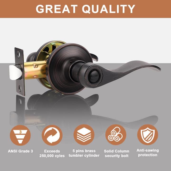 2 Pack Privacy Door Lever with Thumb Turn Lock - Keyless Oil Rubbed Bronze Wave Door Handle Set for Bedroom & Bathroom Doors (Reversible Right/Left Handed) - Perfect for Home Privacy & Interior Security