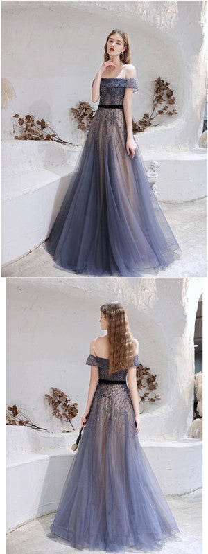 Elegant Blue A-Line Off Shoulder Long Prom Dress for Women | Formal Evening Gown for Homecoming, Ball & Party | 12756 | Perfect for Prom Night, Wedding Guest & Special Occasions