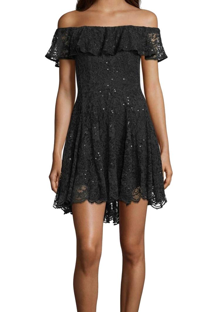 Betsy & Adam Women's Black Lace Short Sleeve Off-Shoulder Mini A-Line Party Dress - Size 6 | Perfect for Cocktail Parties, Date Nights & Special Occasions