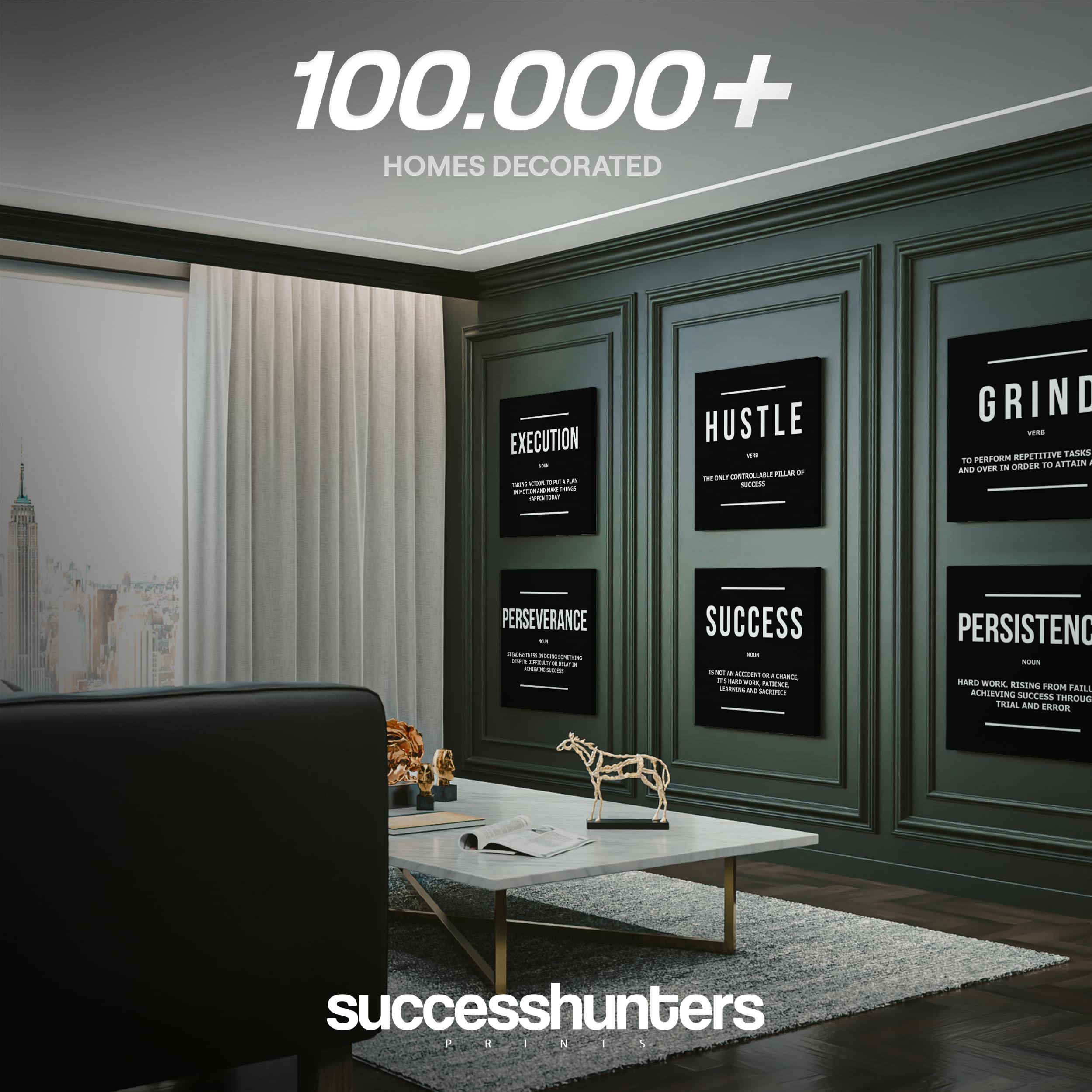 6-Piece Motivational Wall Art Canvas Prints - Grind Hustle Success Execution Persistence Perseverance Definition - Office Decor & Entrepreneur Bundle Set (6x20