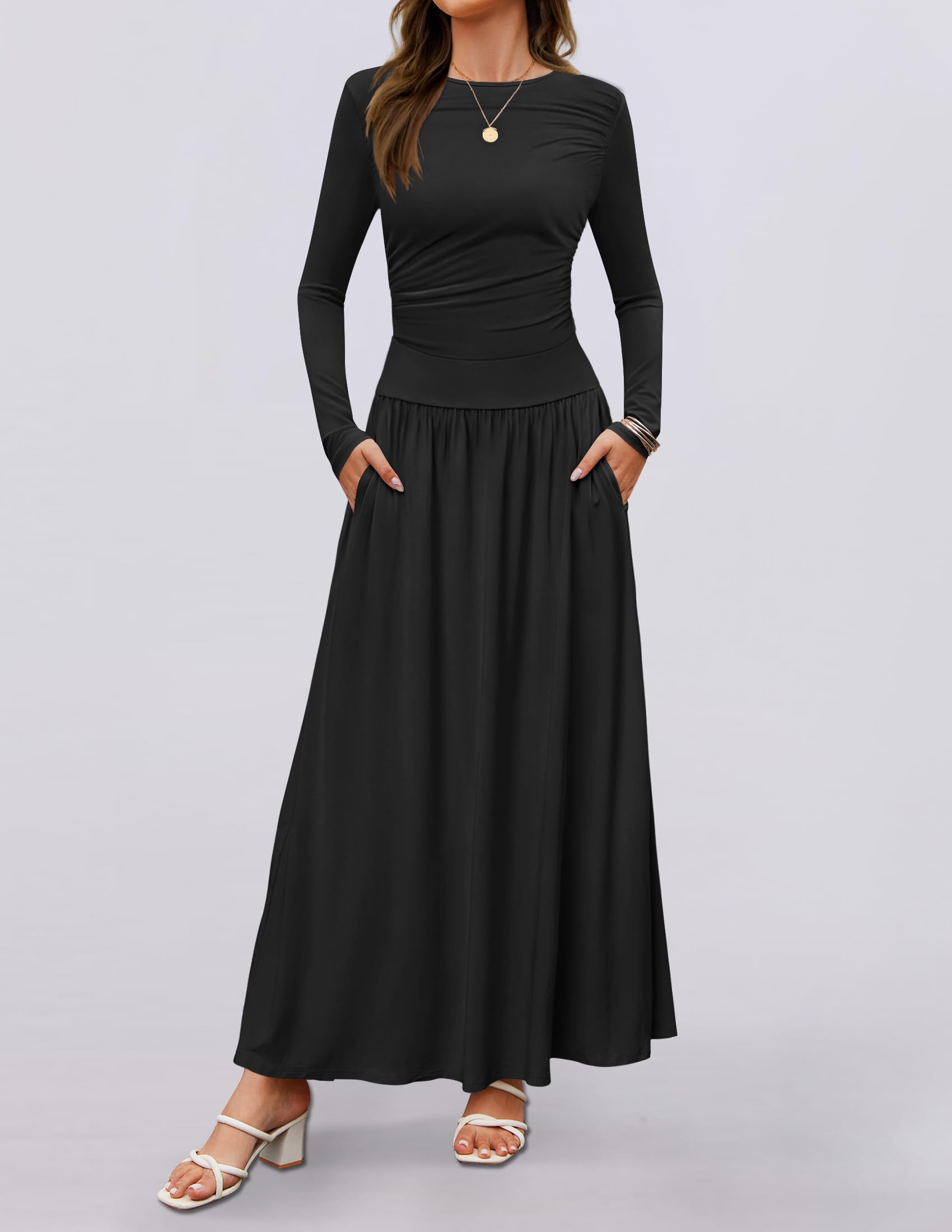 ZESICA Women's Long Sleeve Maxi Dress 2025 - Crewneck Knit Casual Swing Dress with Pockets & Pleated Details | Spring Summer Slim Fit Midi Dress for Beach, Party & Everyday Wear