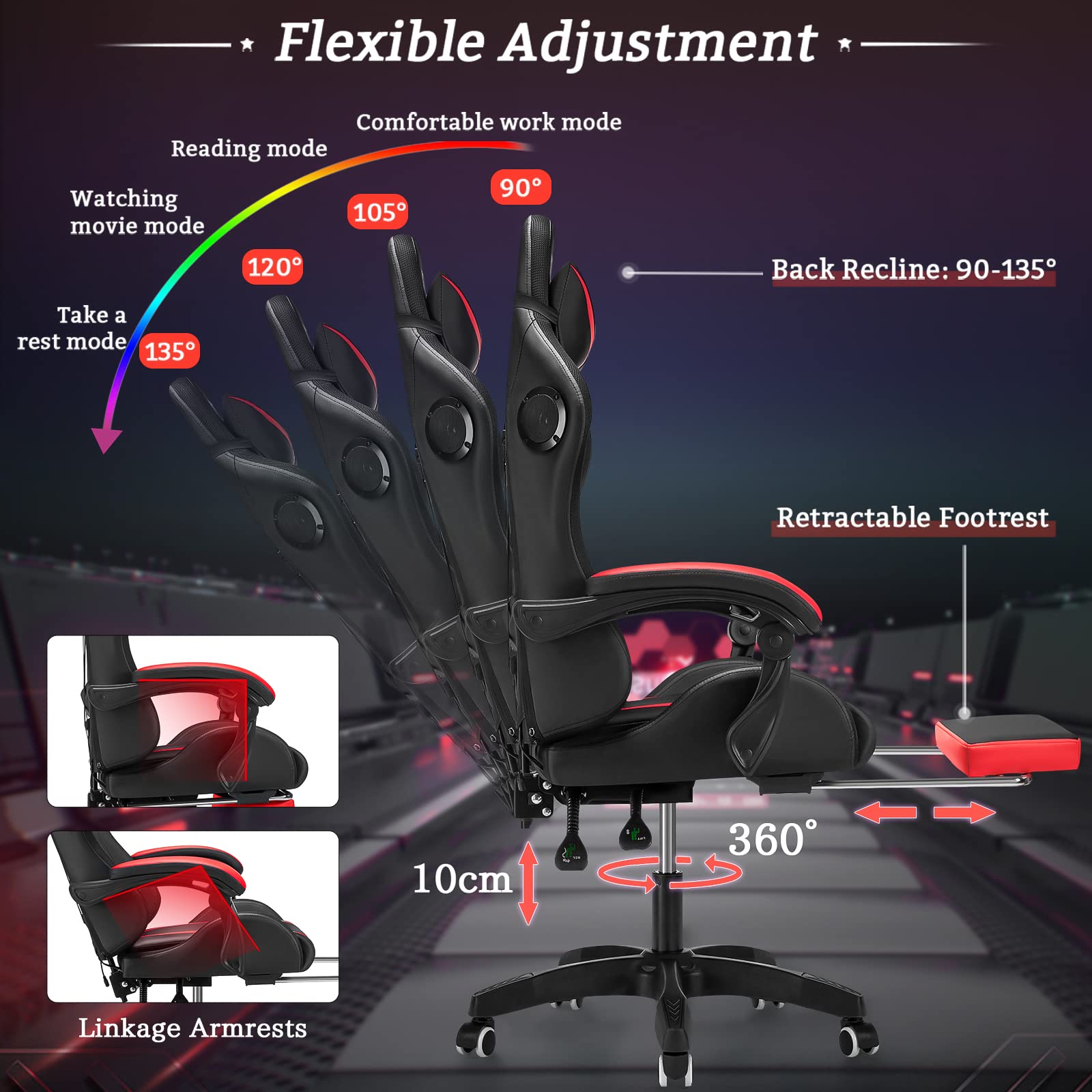 RGB Gaming Chair with Bluetooth Speakers & LED Lights - Ergonomic Massage Computer Chair with Adjustable Footrest, High Back & Lumbar Support - Red & Black Gaming Throne for PC, Console & Streaming Setup