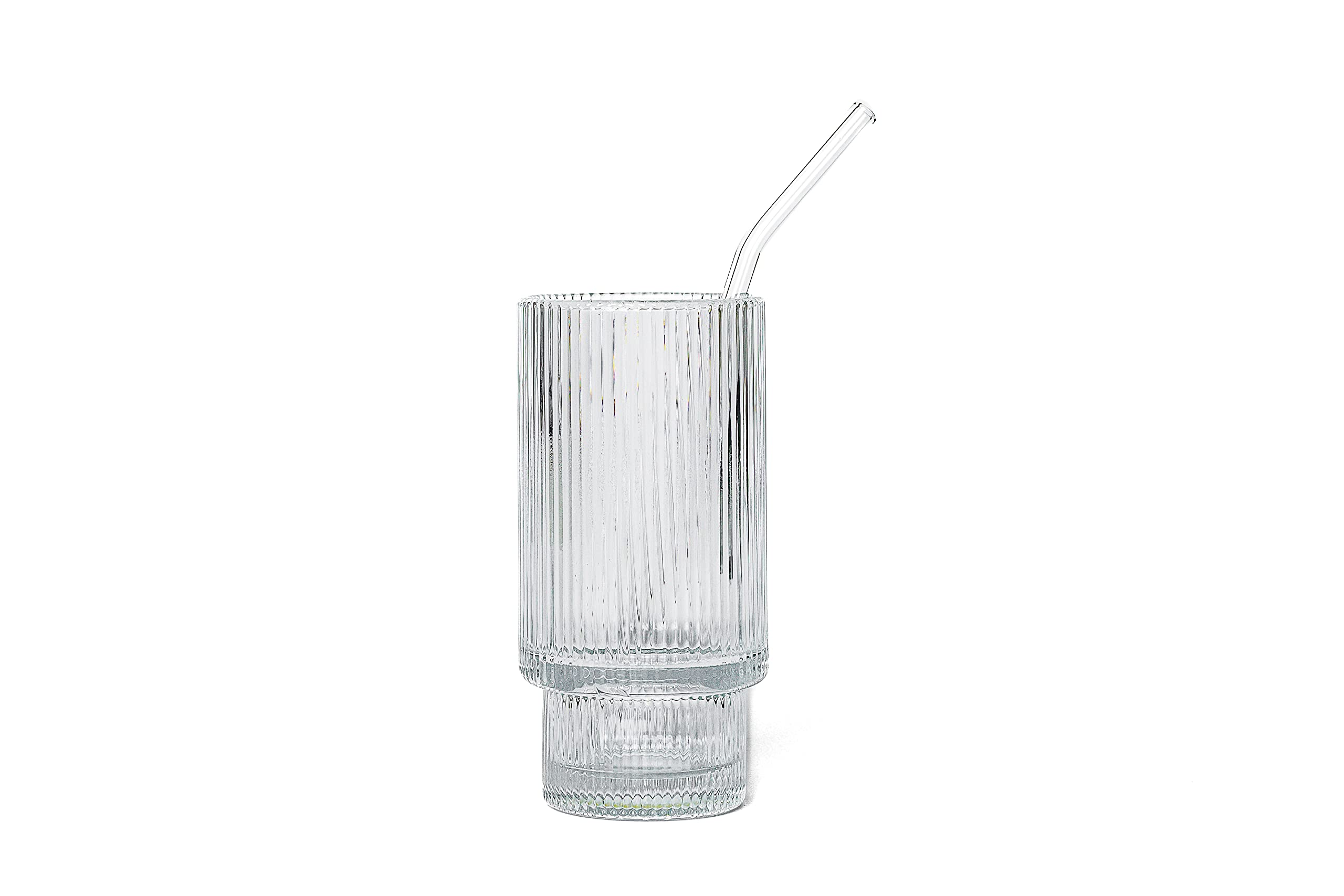 Premium 4-Piece Ribbed Glass Drinking Set with Glass Straws & Cleaner - Iced Coffee & Cocktail Tumblers - Perfect Housewarming Gift for New Home - Ideal for Parties, Daily Use & Home Decor