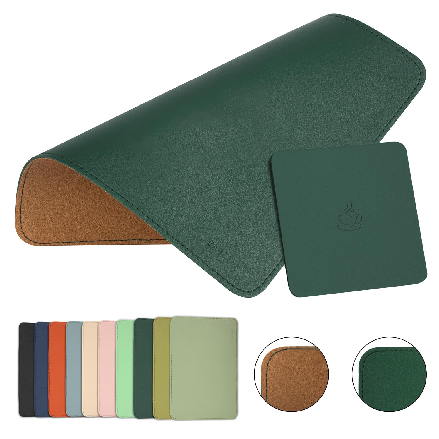 Premium Double-Sided Leather & Wood Mouse Pad with Stitched Edges - Non-Slip Desk Mat for Laptop, PC & Office Use - Includes Coaster (8x11 Inch, Blackish Green) by EAGZFFI - Perfect for Home Office, Gaming & Workspace Setup