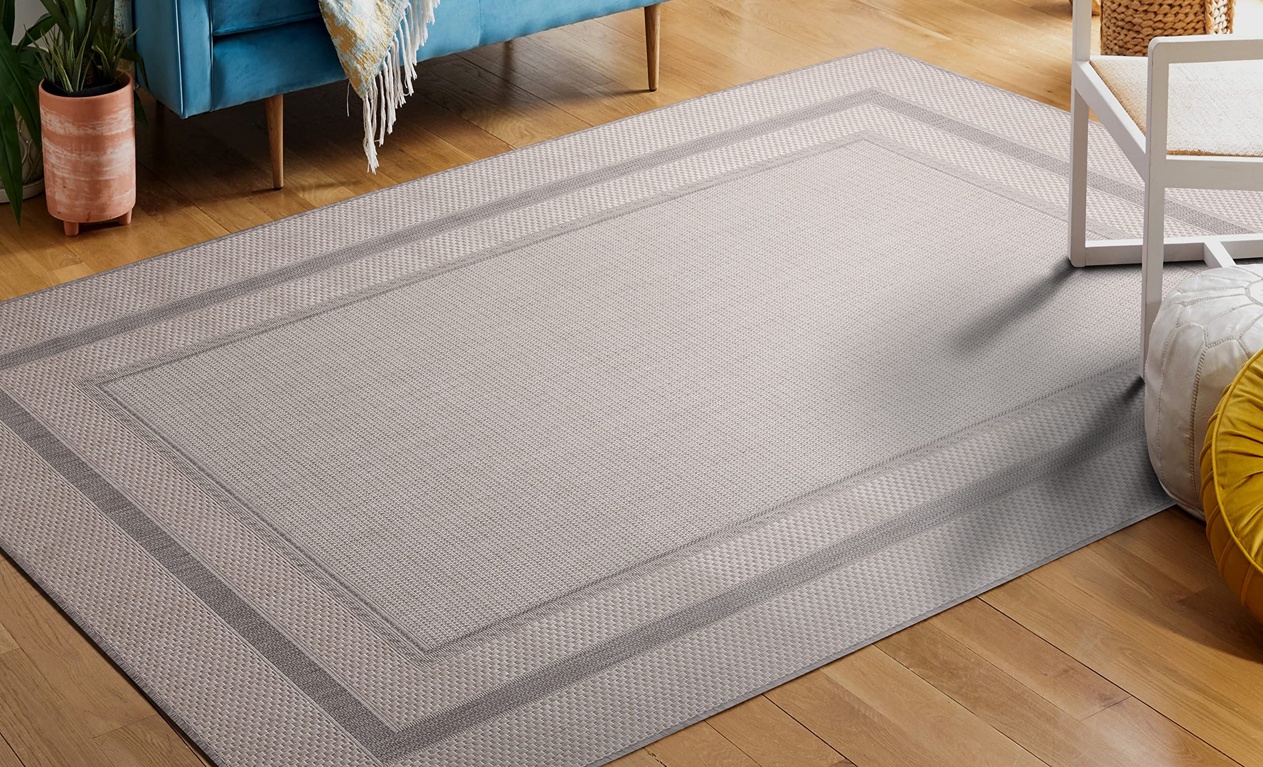 Modern Bordered Indoor/Outdoor Area Rug - Weather Resistant 8x10 Gray Carpet for Porch, Deck, Balcony, Backyard & Patio - Perfect for Outdoor Entertaining & High-Traffic Areas