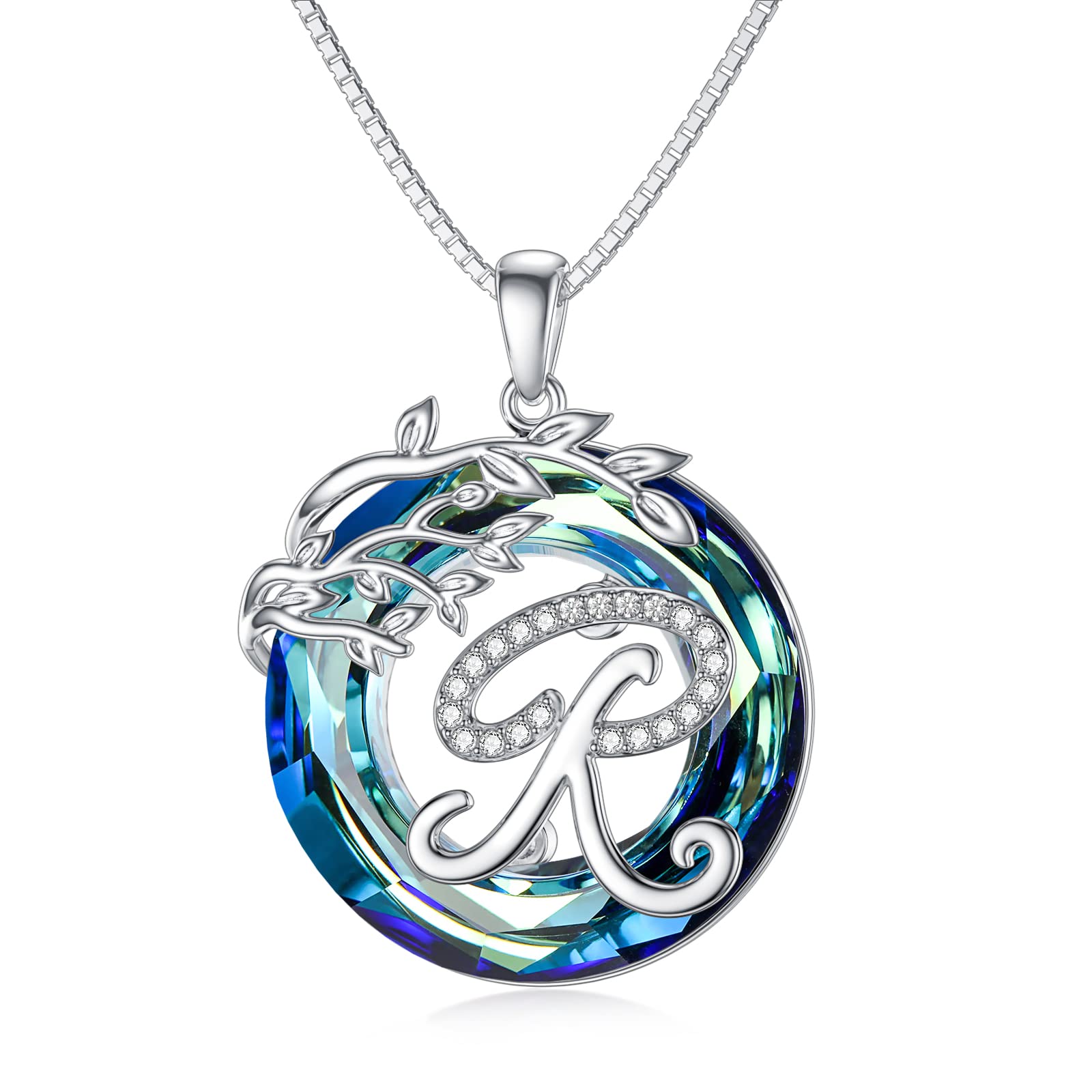 TOUPOP Sterling Silver Tree of Life Pendant Necklace with A-Z Initial Letter & Blue Crystal - Personalized Name Jewelry for Women, Girls - Birthday, Christmas, Anniversary Gift Ideas - Perfect for Everyday Wear, Date Nights, Special Occasions