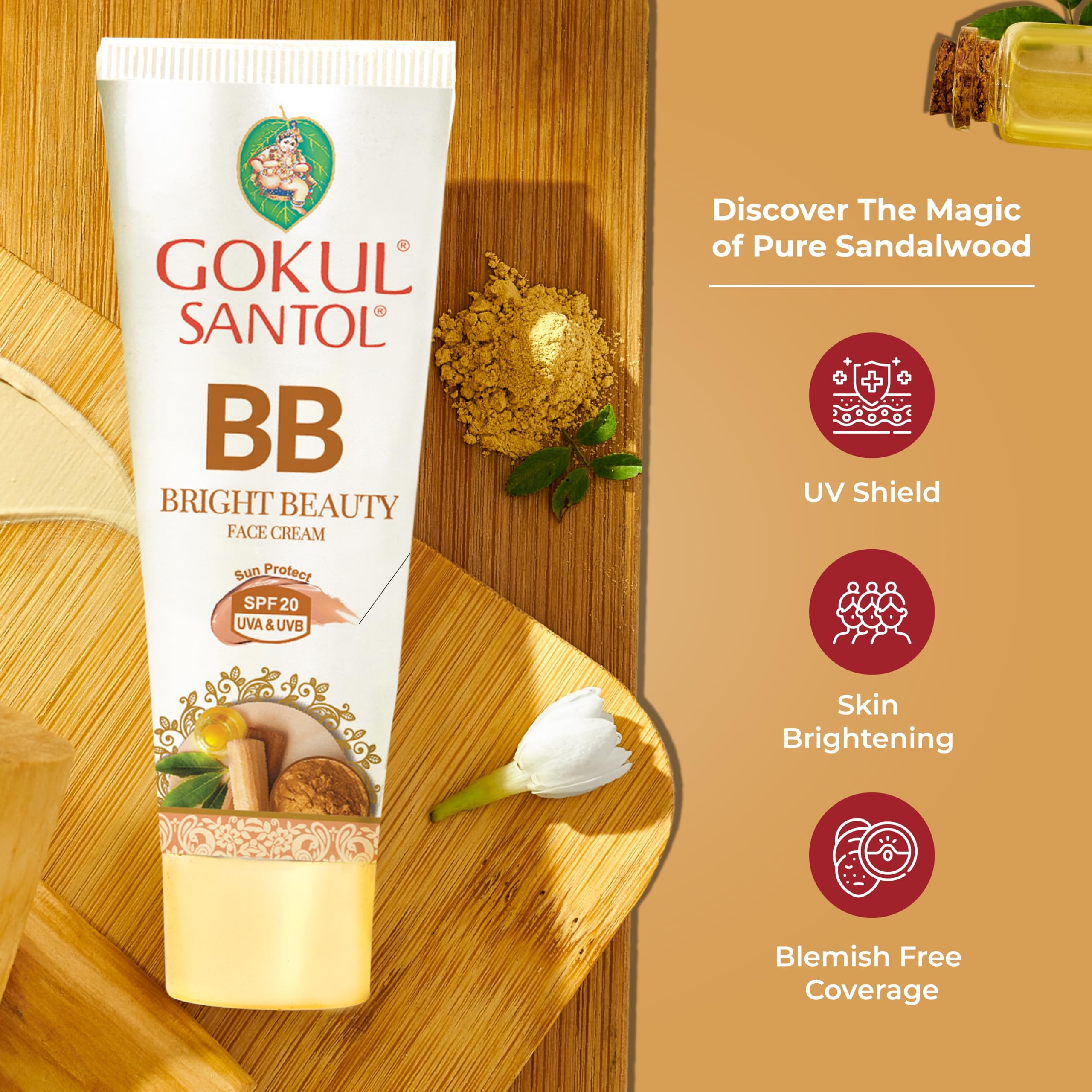 Gokul Santol Pure Sandalwood BB Cream - Natural Brightening Beauty Cream with SPF UV Protection | 25g (Pack of 3) | Moisturizing, Blemish-Free Coverage & Skin Tone Correction | Perfect for Daily Makeup, Sun Protection & Flawless Complexion