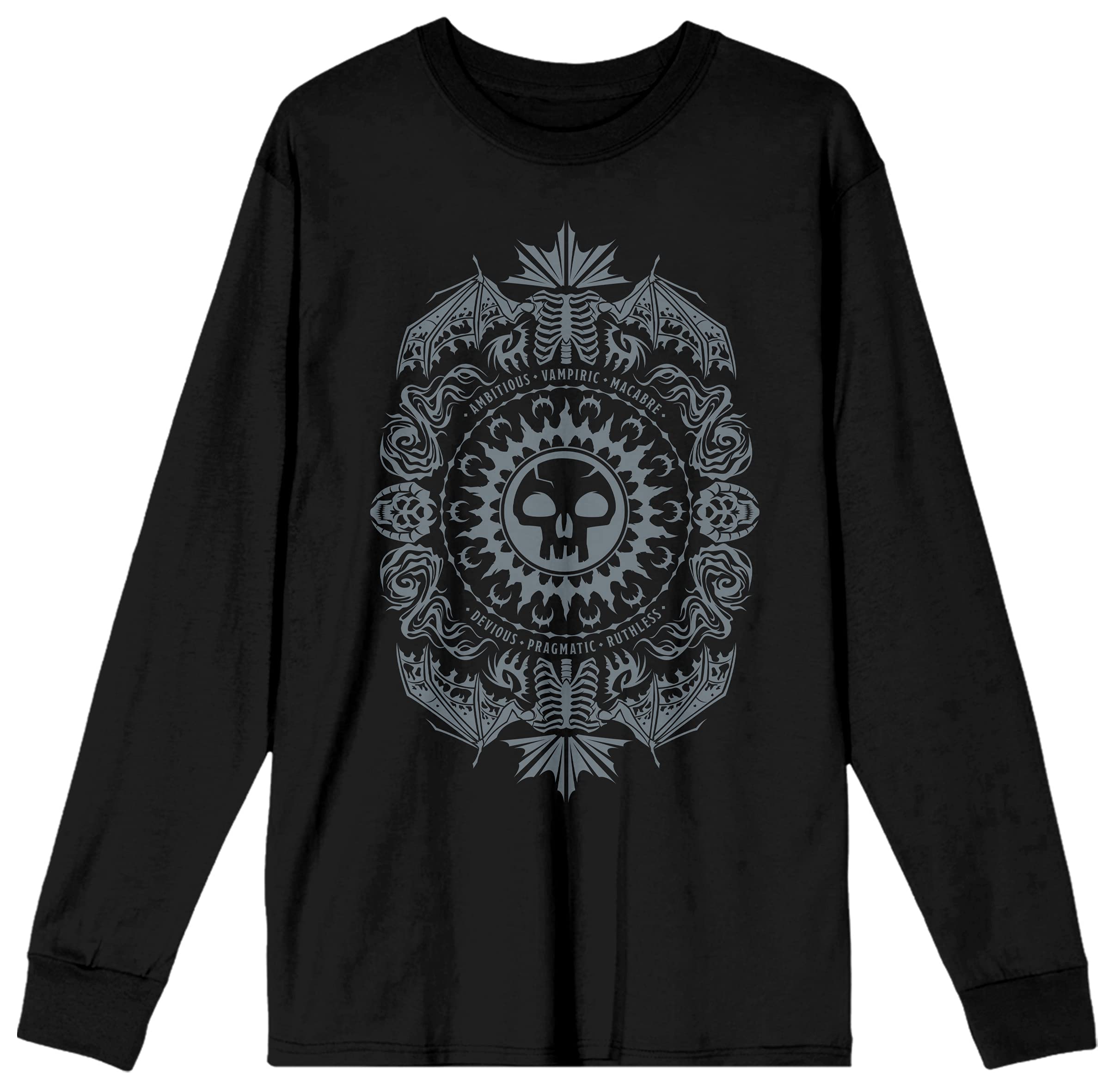 Bioworld Skull & Bones Graphic Men's Black Long Sleeve T-Shirt | Gothic Death Symbol Cotton Tee for Casual Wear & Halloween Costumes