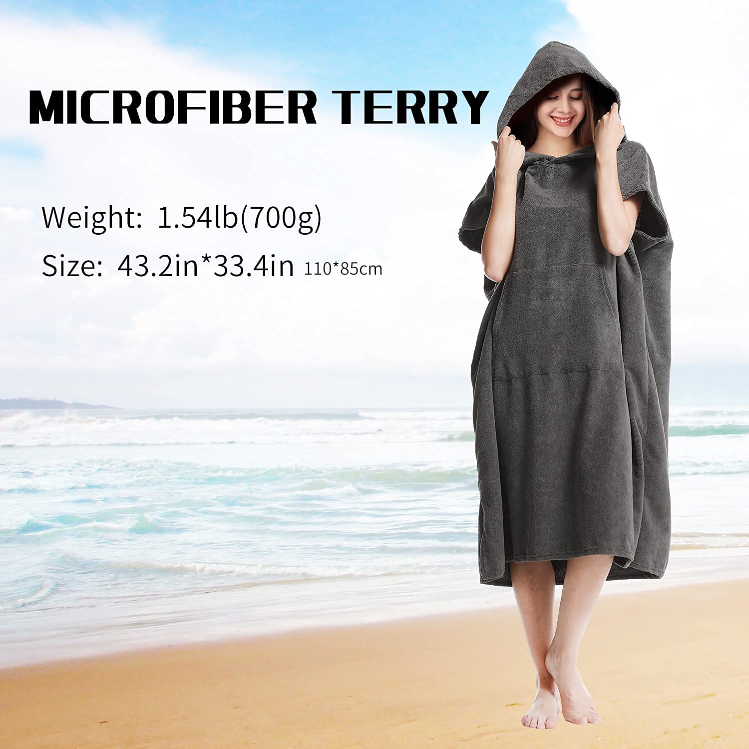 Quick Dry Microfiber Surf Poncho Changing Robe with Hood & Pocket - Waterproof Swim Changing Towel for Beach, Pool, Surfing - One Size Fits All for Men & Women